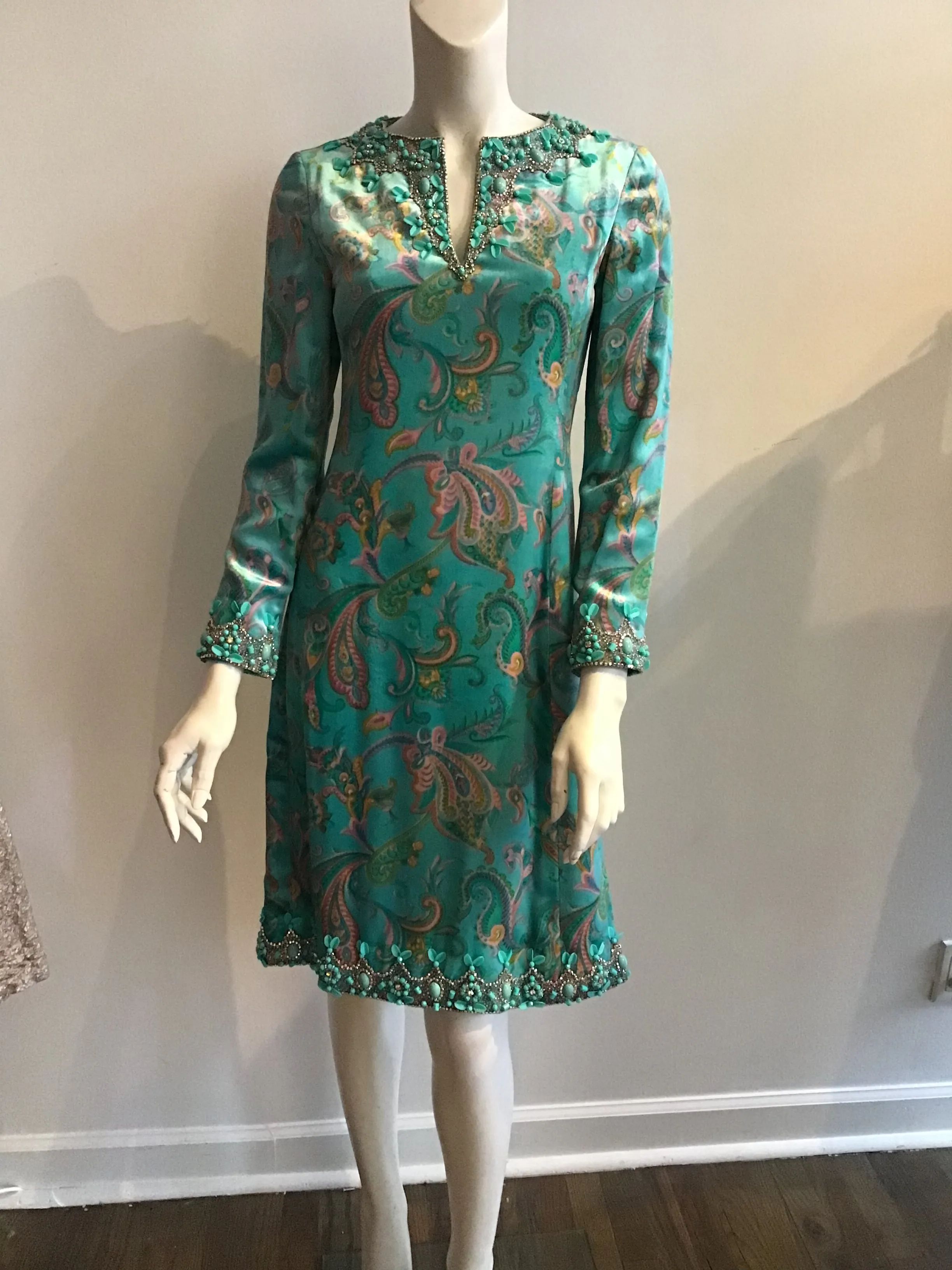 1960's Aqua Paisley Silk Printed  Velvet with beading  2pc Ensemble -size5/6