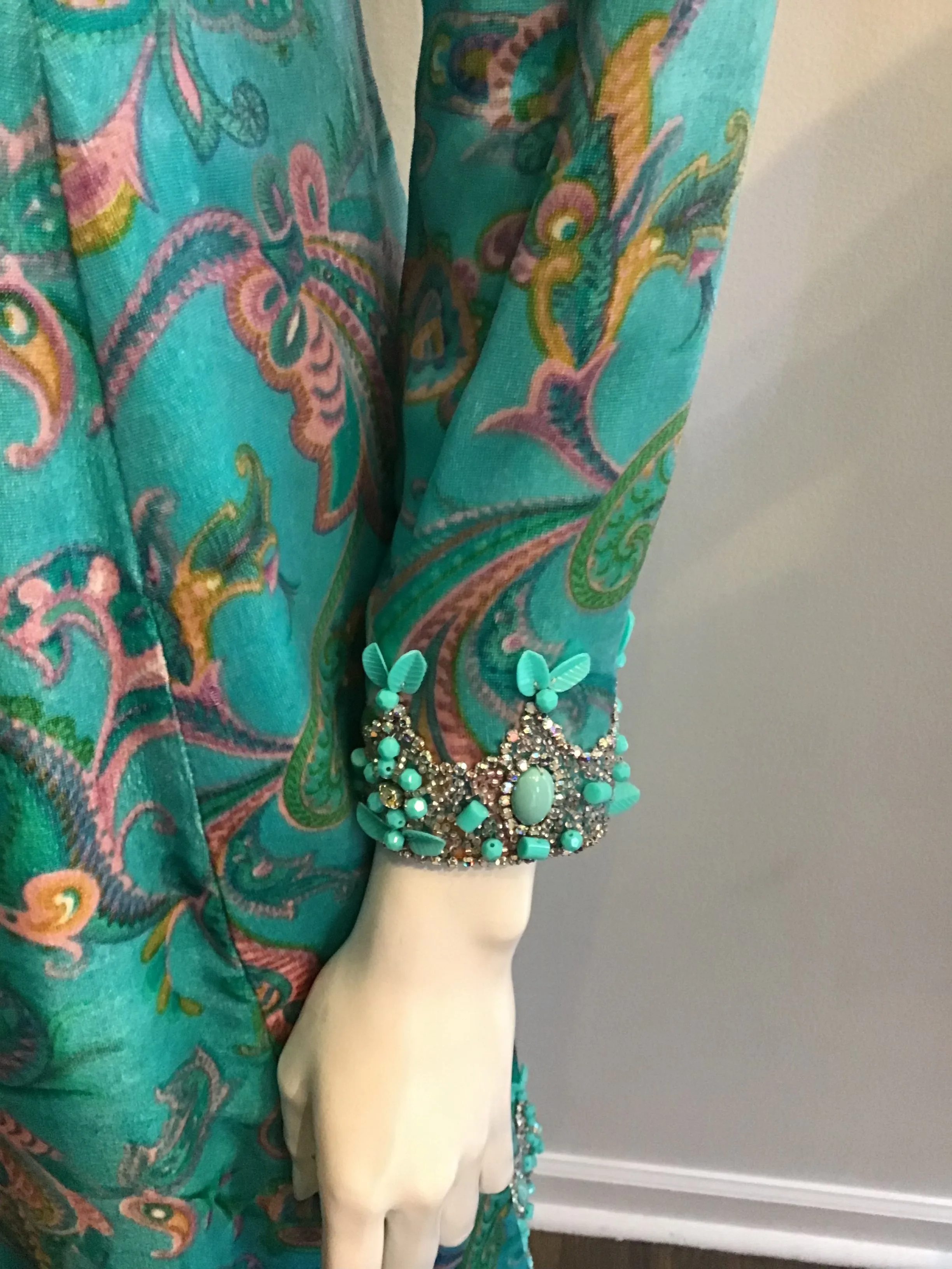 1960's Aqua Paisley Silk Printed  Velvet with beading  2pc Ensemble -size5/6