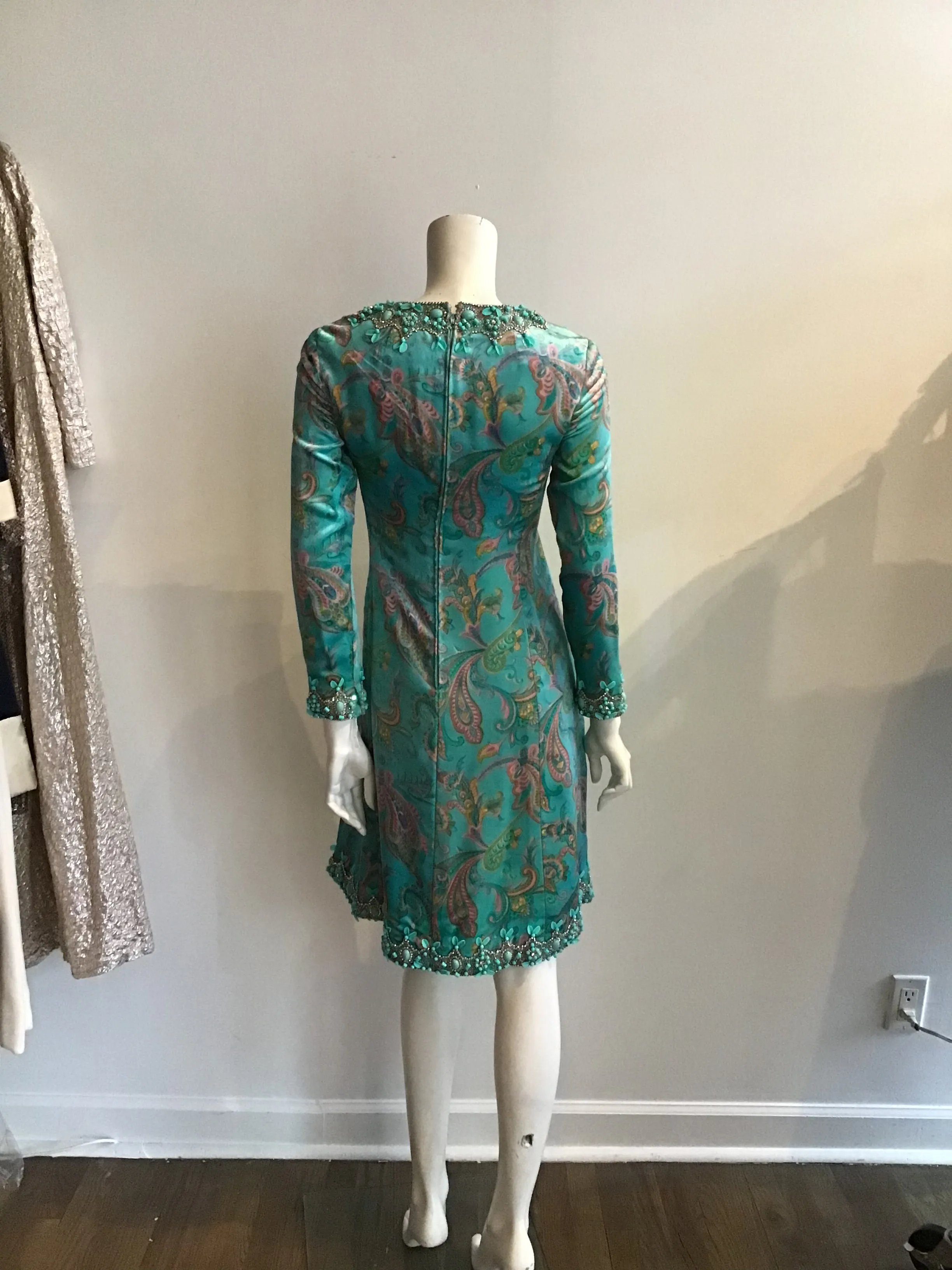 1960's Aqua Paisley Silk Printed  Velvet with beading  2pc Ensemble -size5/6