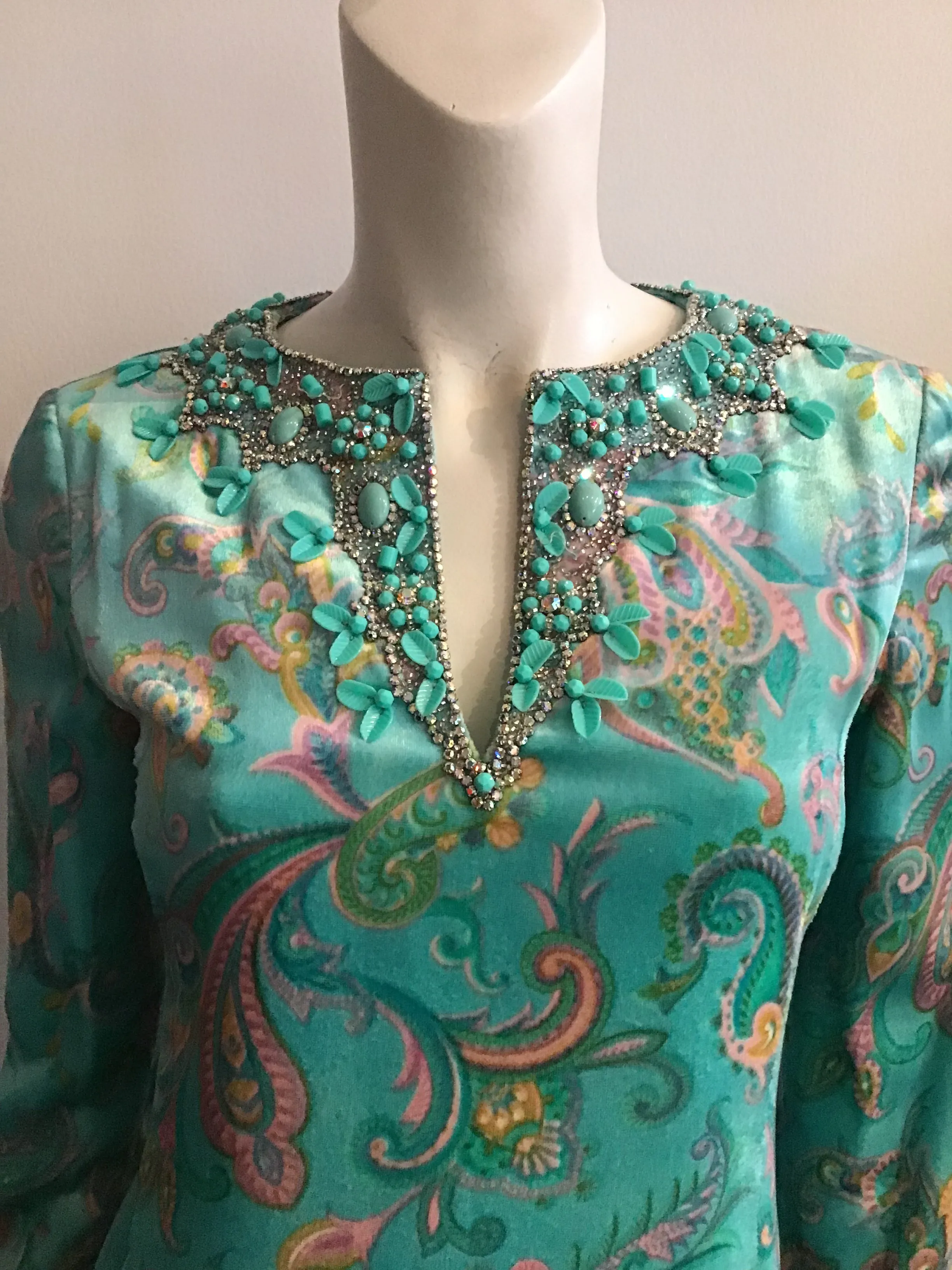 1960's Aqua Paisley Silk Printed  Velvet with beading  2pc Ensemble -size5/6