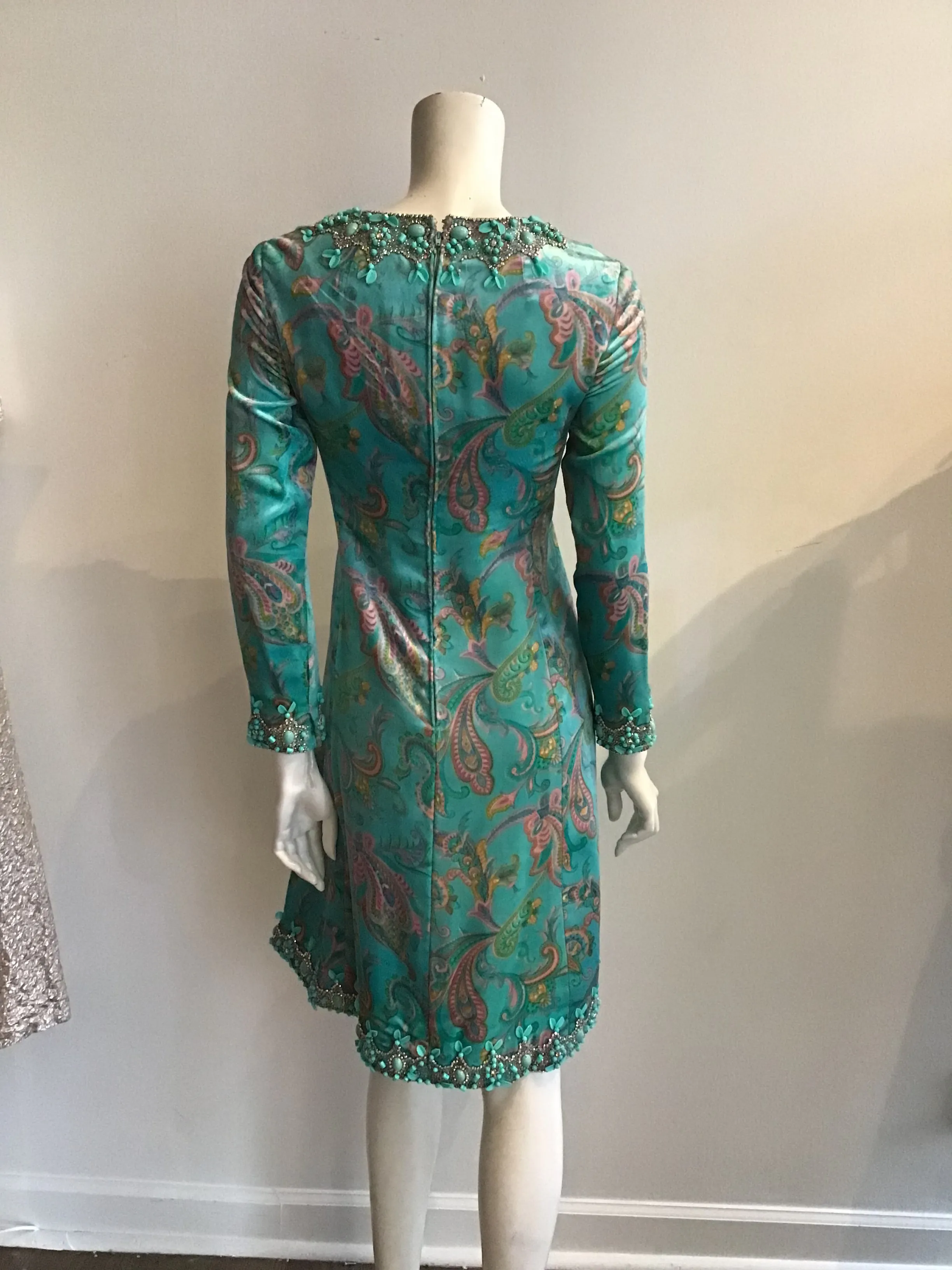 1960's Aqua Paisley Silk Printed  Velvet with beading  2pc Ensemble -size5/6