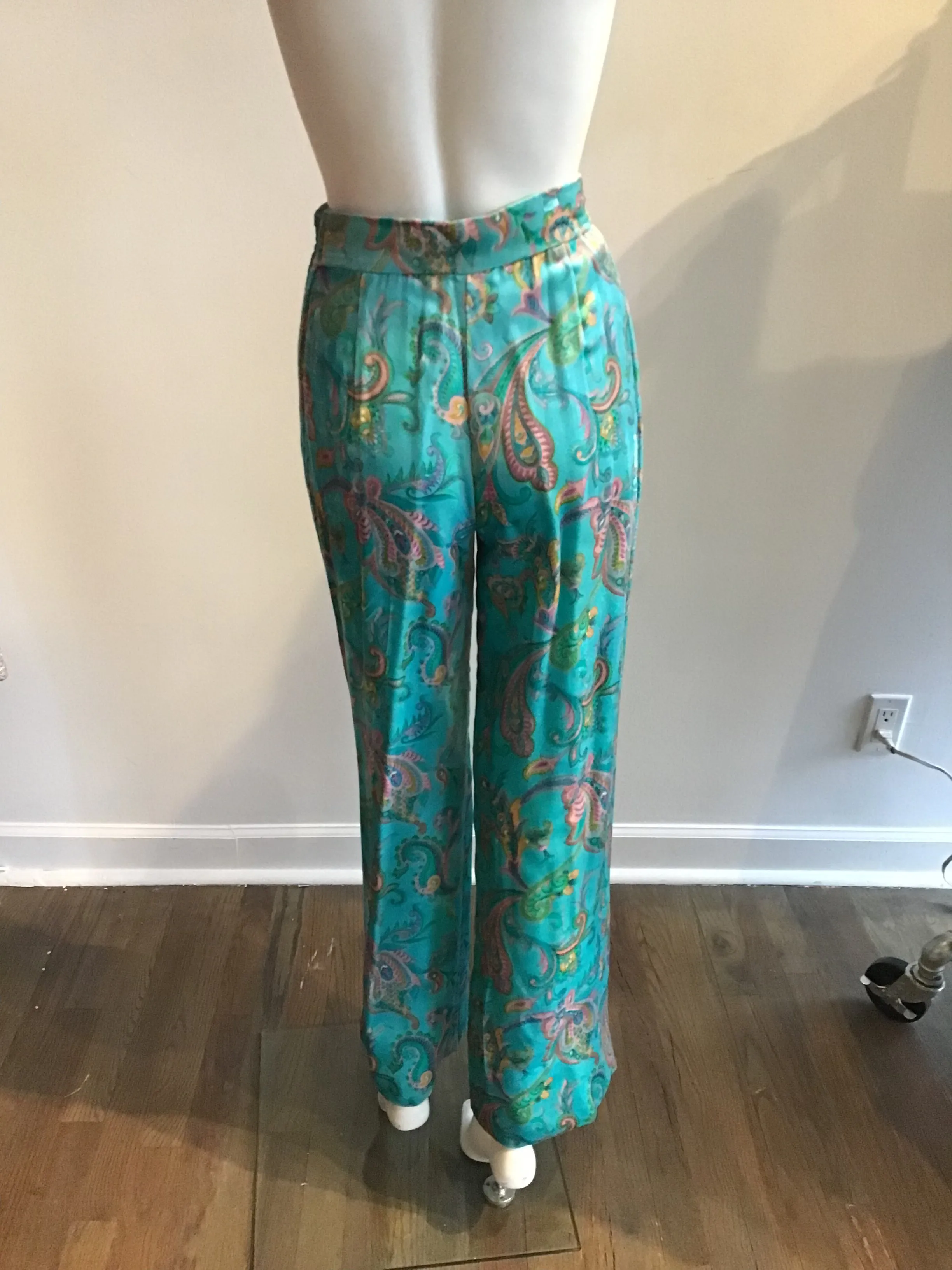 1960's Aqua Paisley Silk Printed  Velvet with beading  2pc Ensemble -size5/6