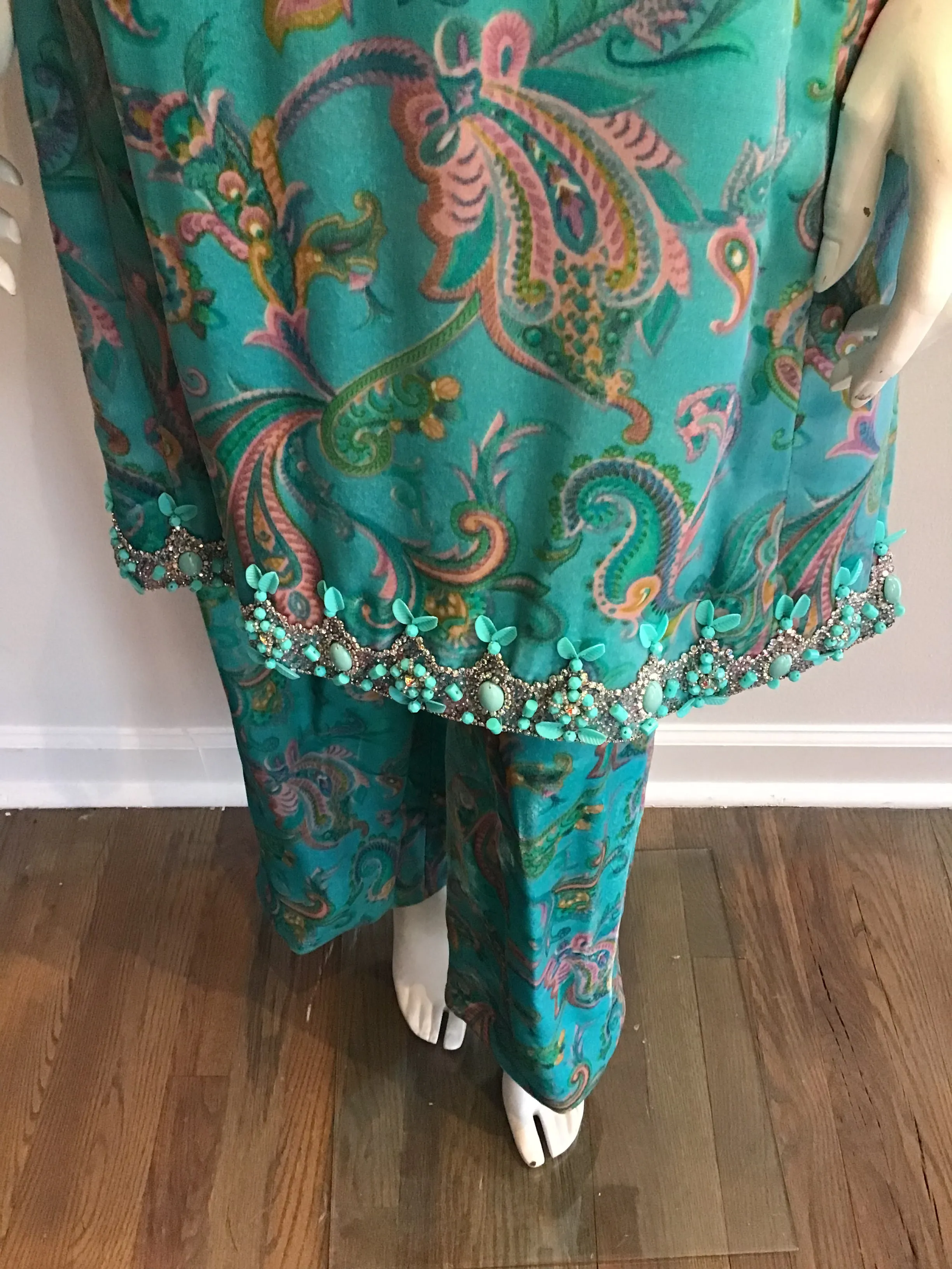 1960's Aqua Paisley Silk Printed  Velvet with beading  2pc Ensemble -size5/6