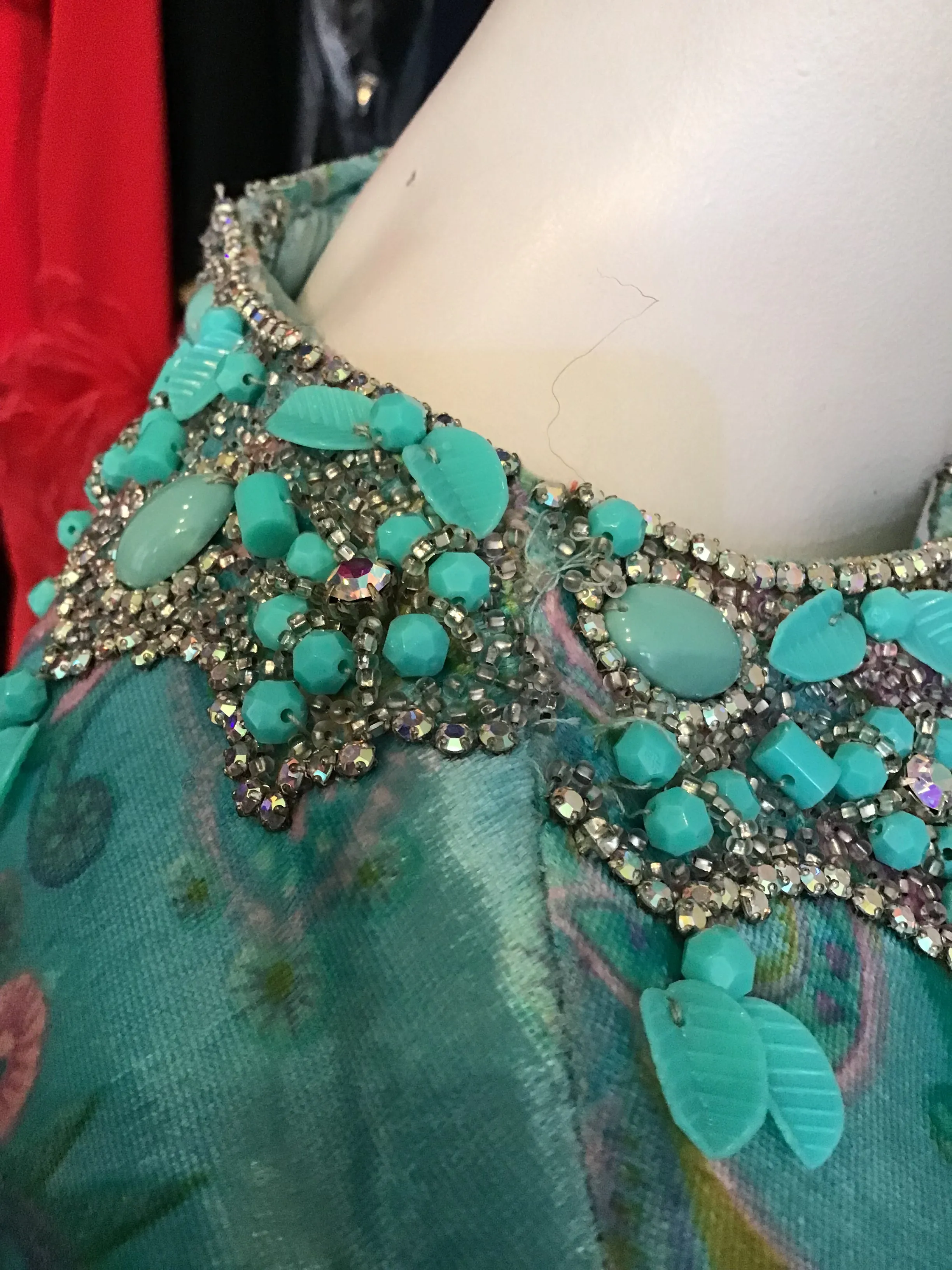 1960's Aqua Paisley Silk Printed  Velvet with beading  2pc Ensemble -size5/6