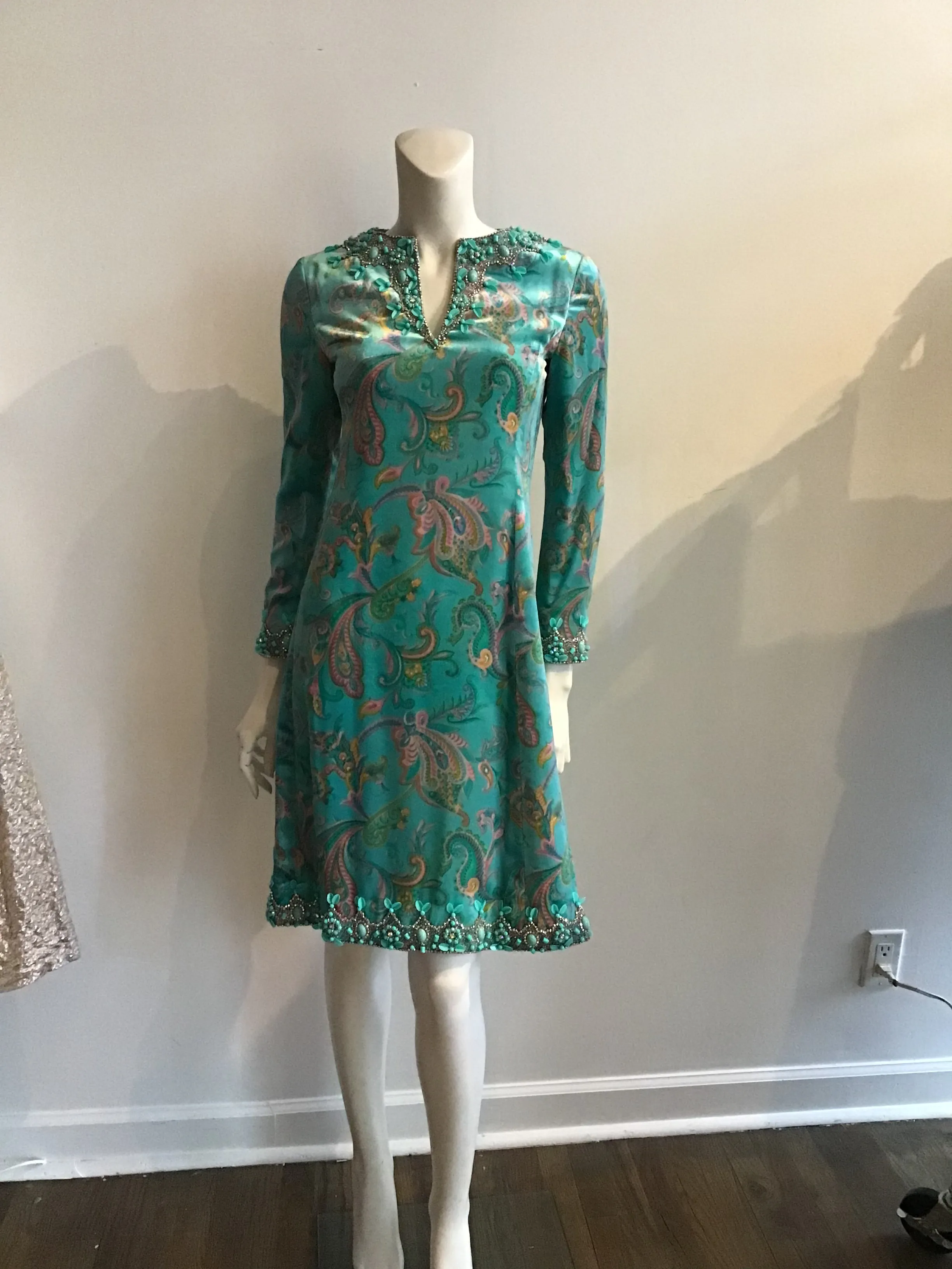 1960's Aqua Paisley Silk Printed  Velvet with beading  2pc Ensemble -size5/6