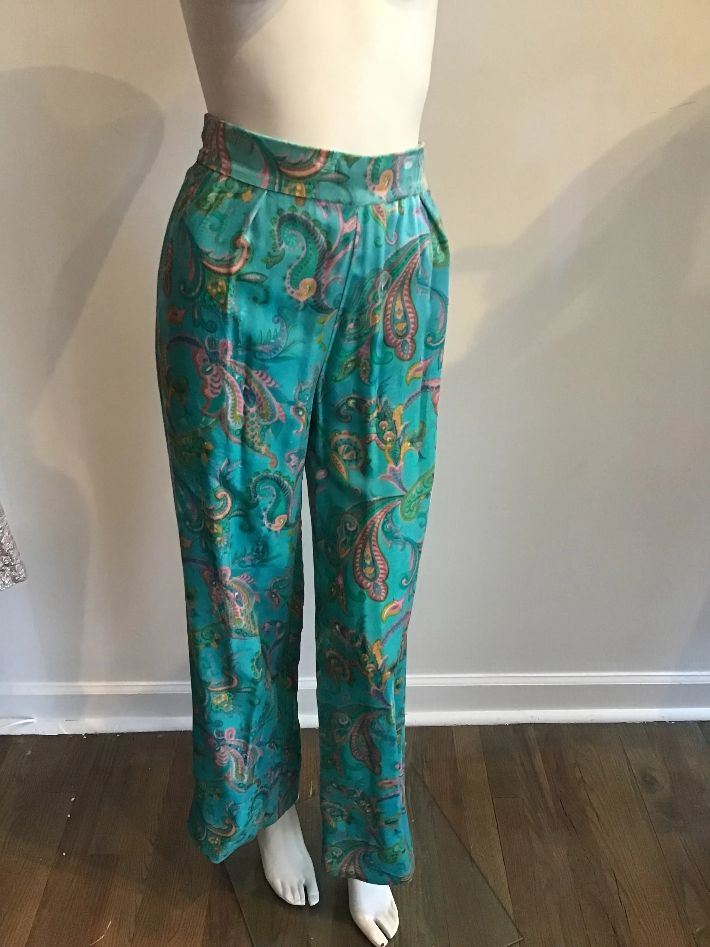 1960's Aqua Paisley Silk Printed  Velvet with beading  2pc Ensemble -size5/6