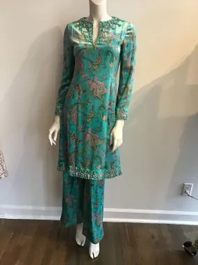 1960's Aqua Paisley Silk Printed  Velvet with beading  2pc Ensemble -size5/6