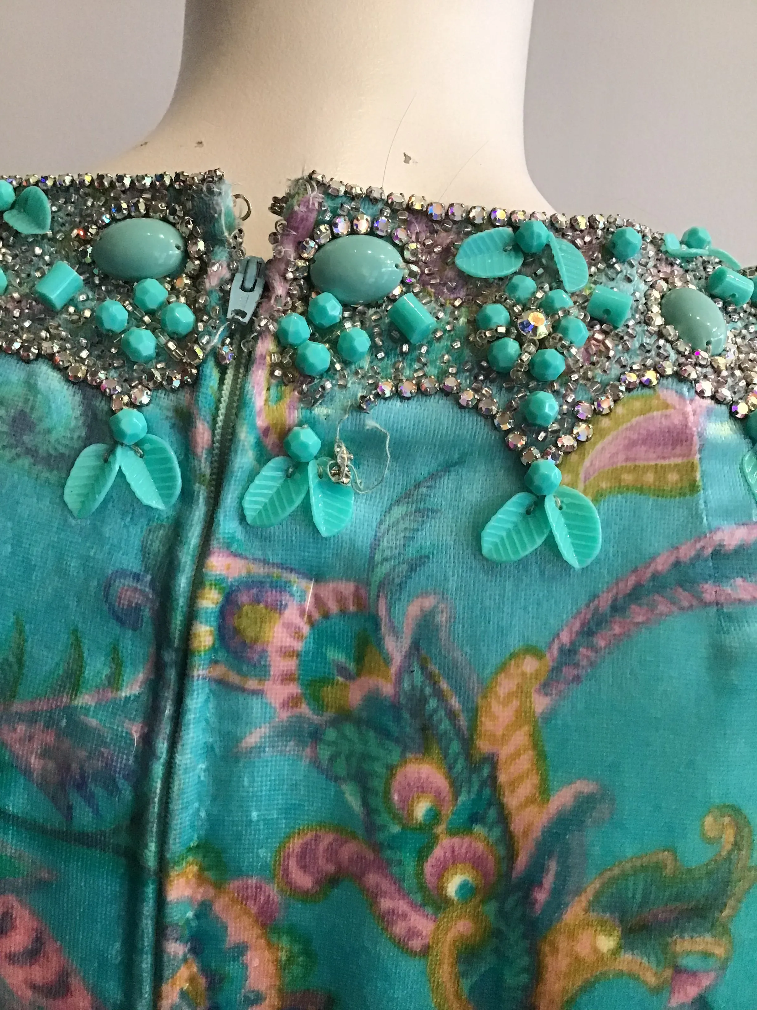 1960's Aqua Paisley Silk Printed  Velvet with beading  2pc Ensemble -size5/6