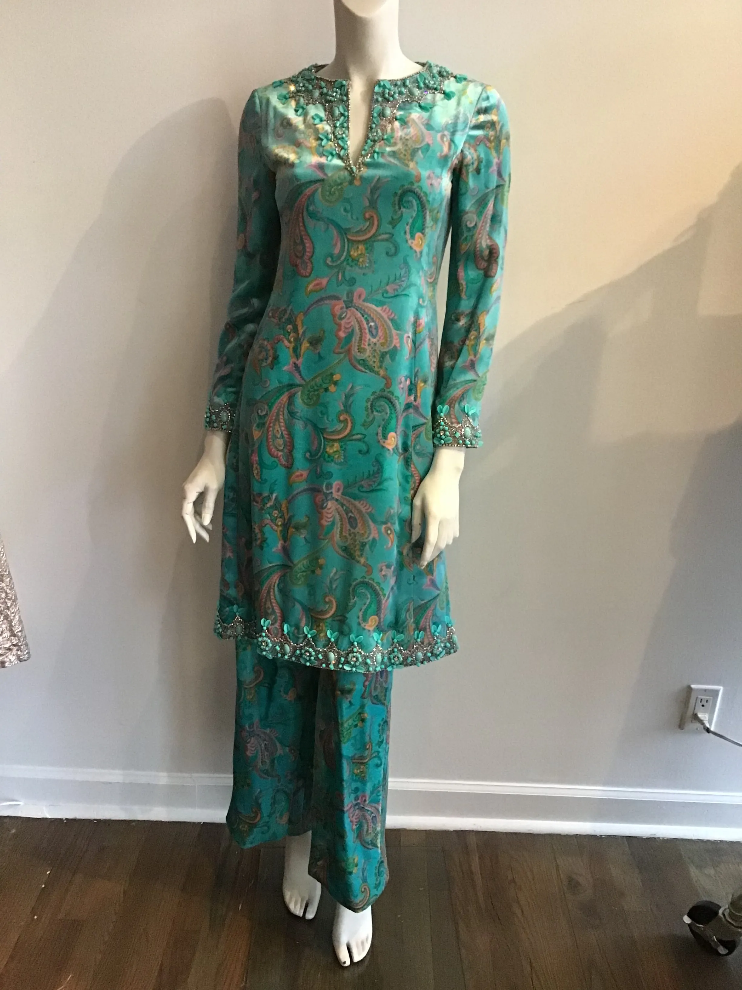 1960's Aqua Paisley Silk Printed  Velvet with beading  2pc Ensemble -size5/6