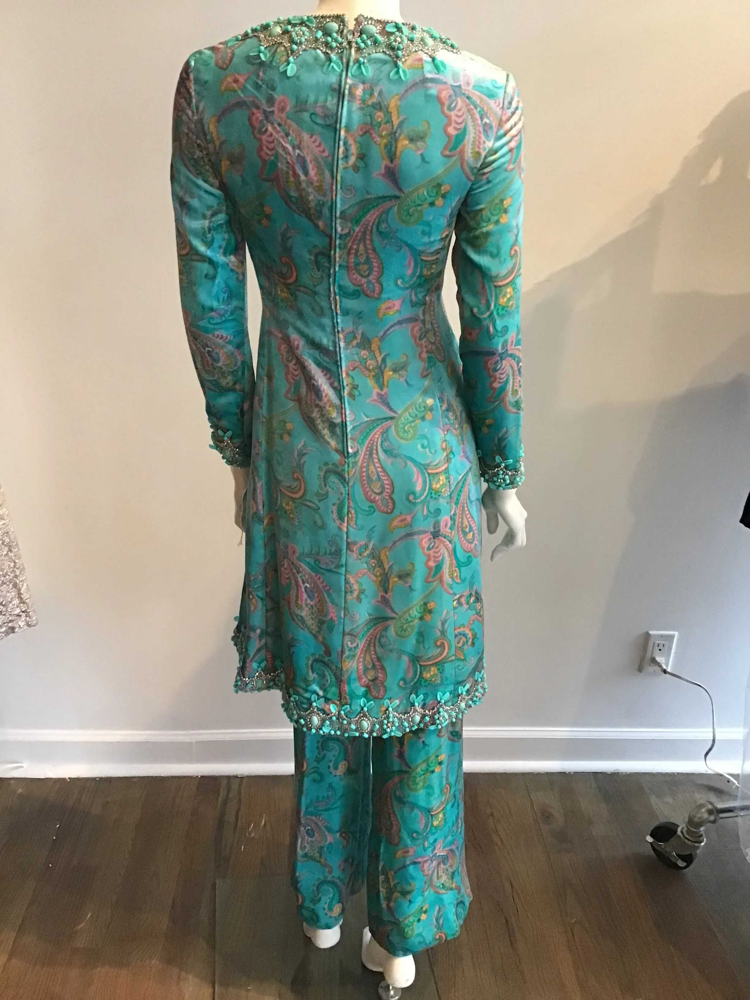 1960's Aqua Paisley Silk Printed  Velvet with beading  2pc Ensemble -size5/6