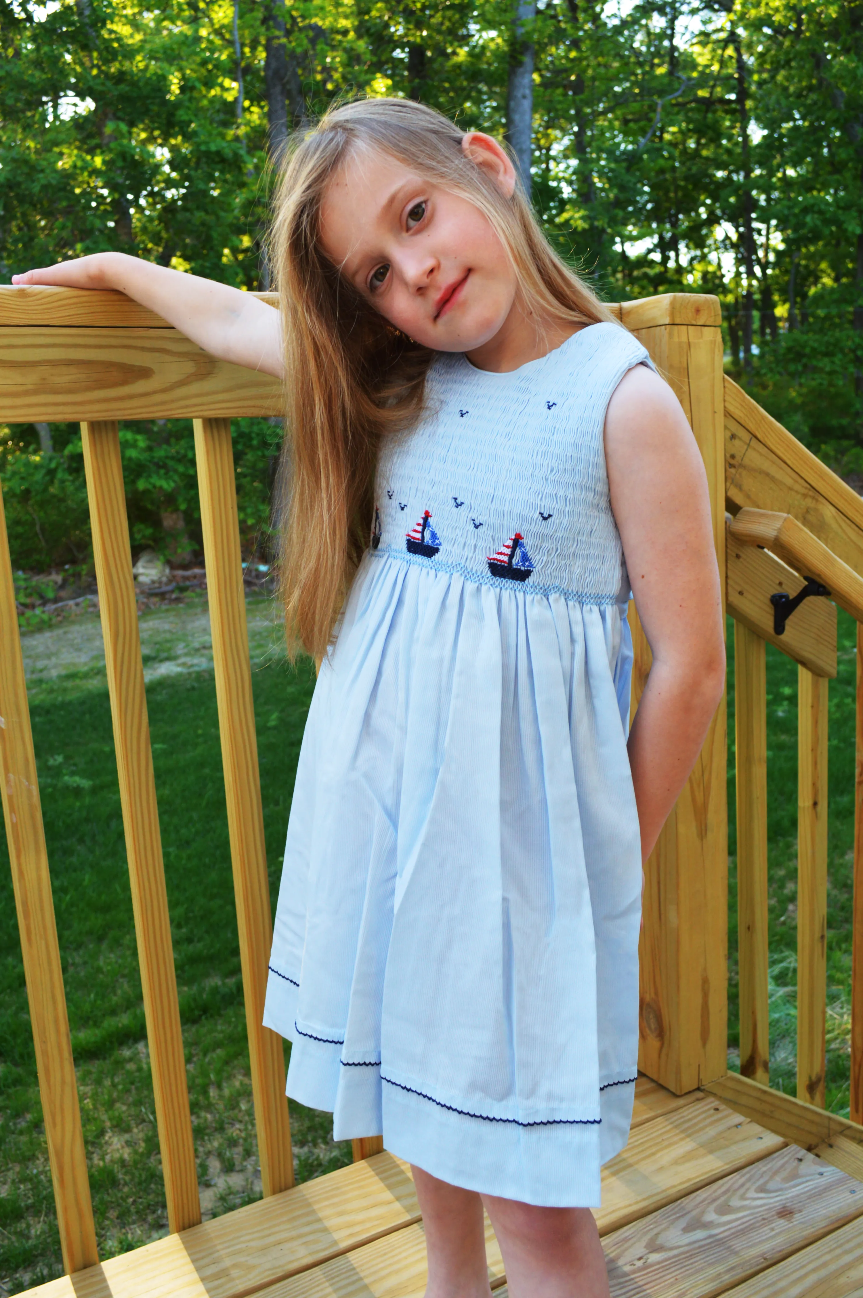 20031T-Smocked Freedom Boats Blue Toddler & Youth Girl Dress
