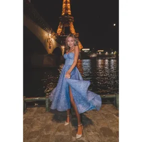 A-Line Sweetheart Strapless Sparkly Midi Prom Evening Dress With Slit