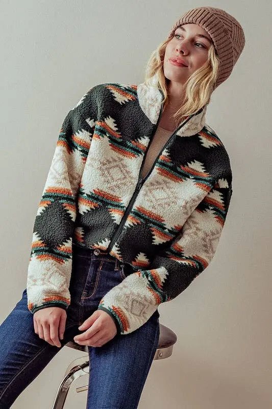 AZTEC PRINT SHERPA CROPPED JACKET: KHAKI
