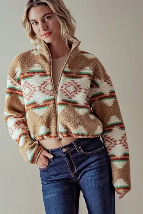 AZTEC PRINT SHERPA CROPPED JACKET: KHAKI