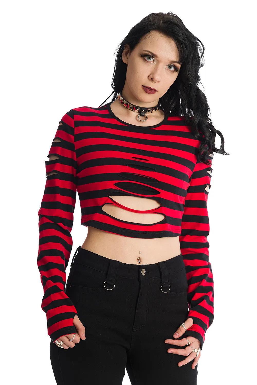 Banned Alternative Chantrea Stripe Rip Long Sleeve Crop Top