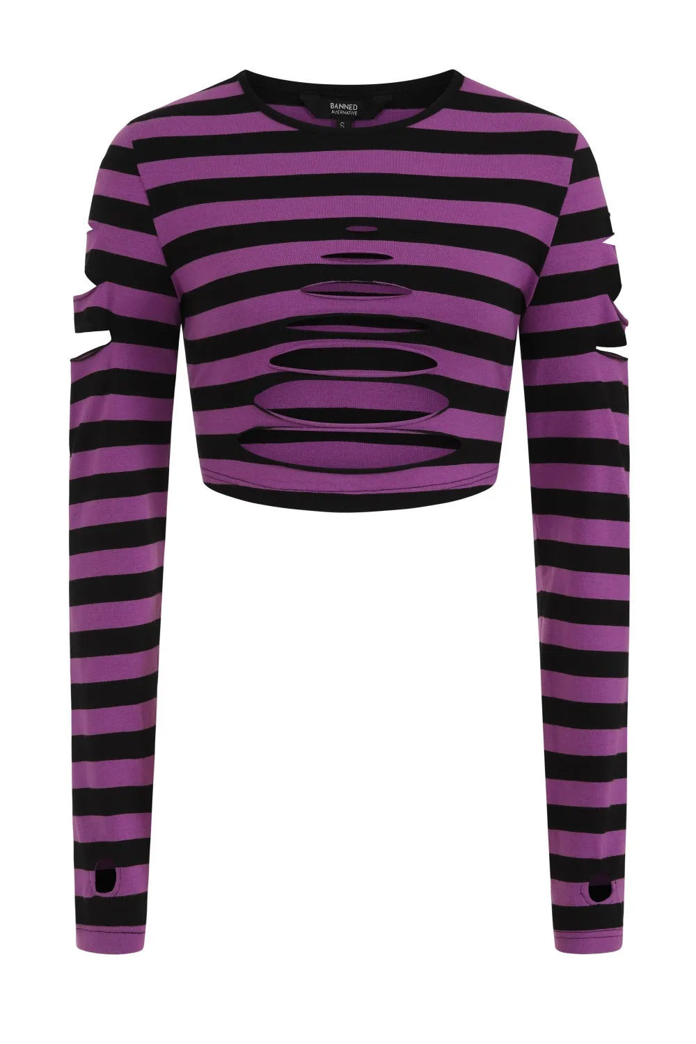Banned Alternative Chantrea Stripe Rip Long Sleeve Crop Top