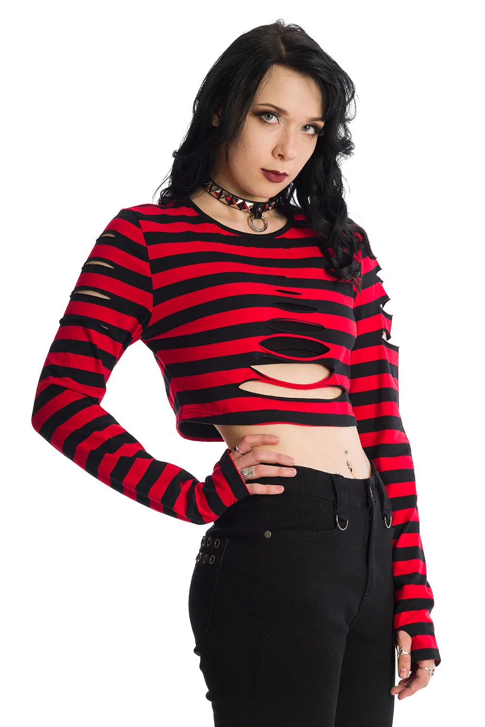 Banned Alternative Chantrea Stripe Rip Long Sleeve Crop Top