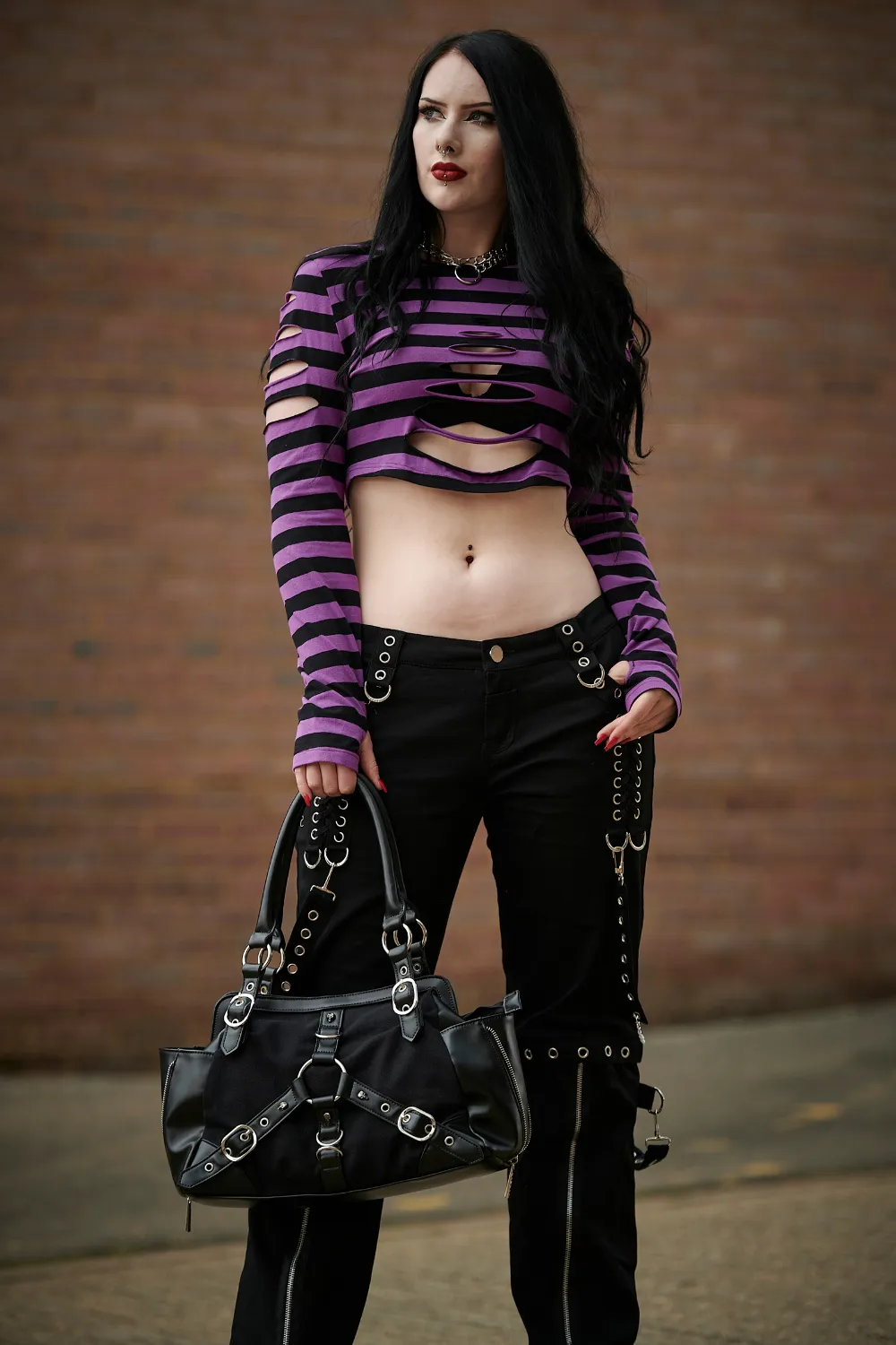 Banned Alternative Chantrea Stripe Rip Long Sleeve Crop Top