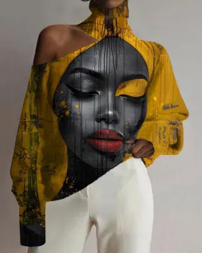 Black Girls Head Ethnic Style Vintage Print High Neck Long Sleeve Top