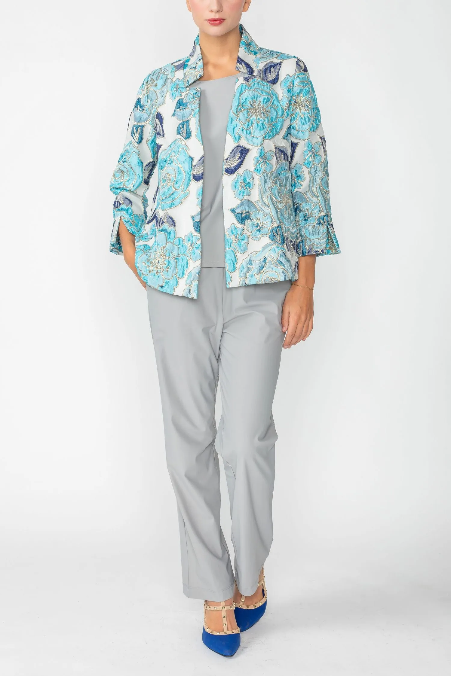 Blue Floral Embo Jacquard Stand Collard 3/4 Sleeve Jacket