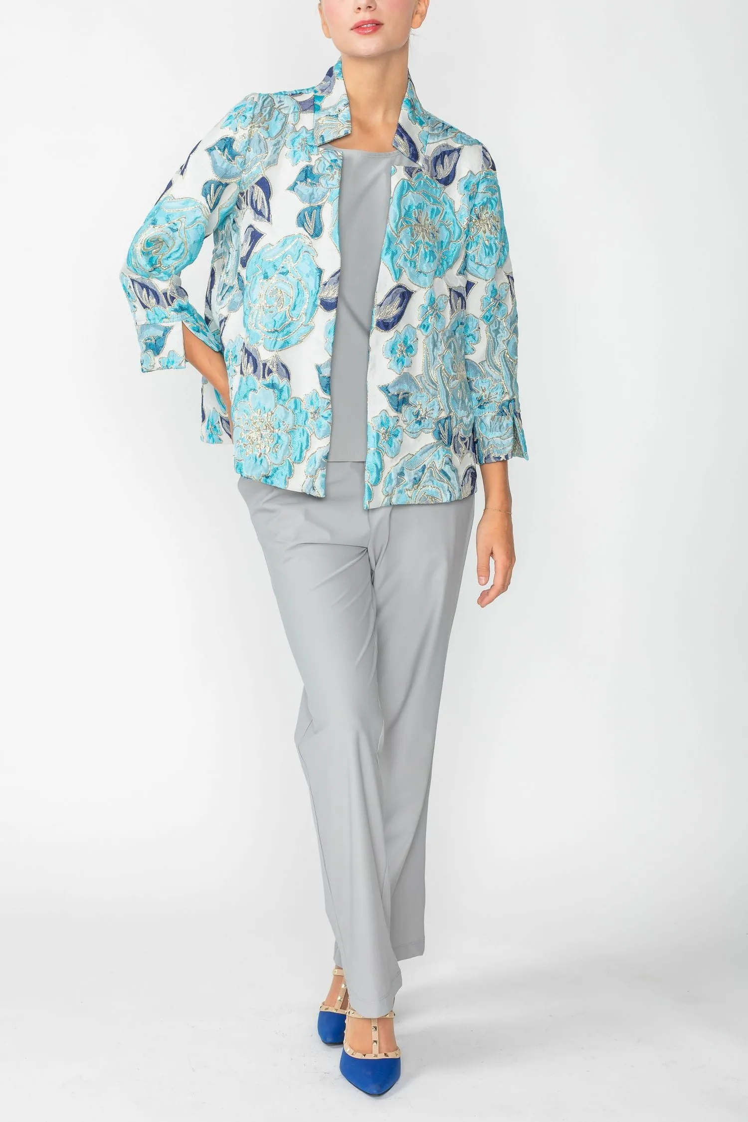 Blue Floral Embo Jacquard Stand Collard 3/4 Sleeve Jacket