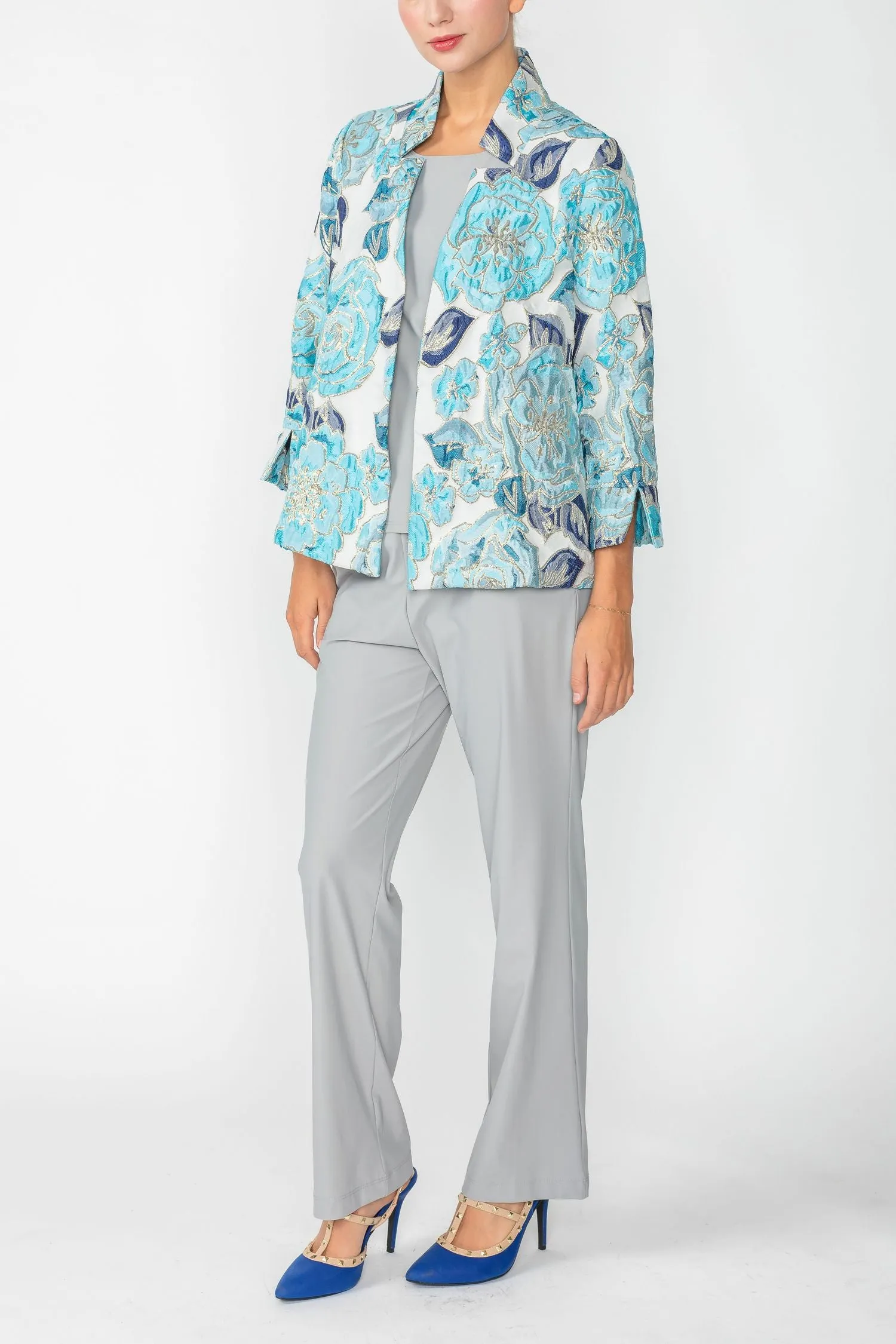Blue Floral Embo Jacquard Stand Collard 3/4 Sleeve Jacket