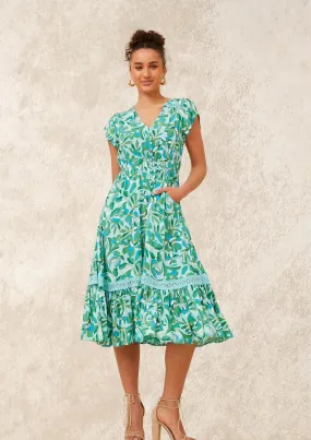 Carrie Short Sleeve Boho Midi Dress in Sage Print