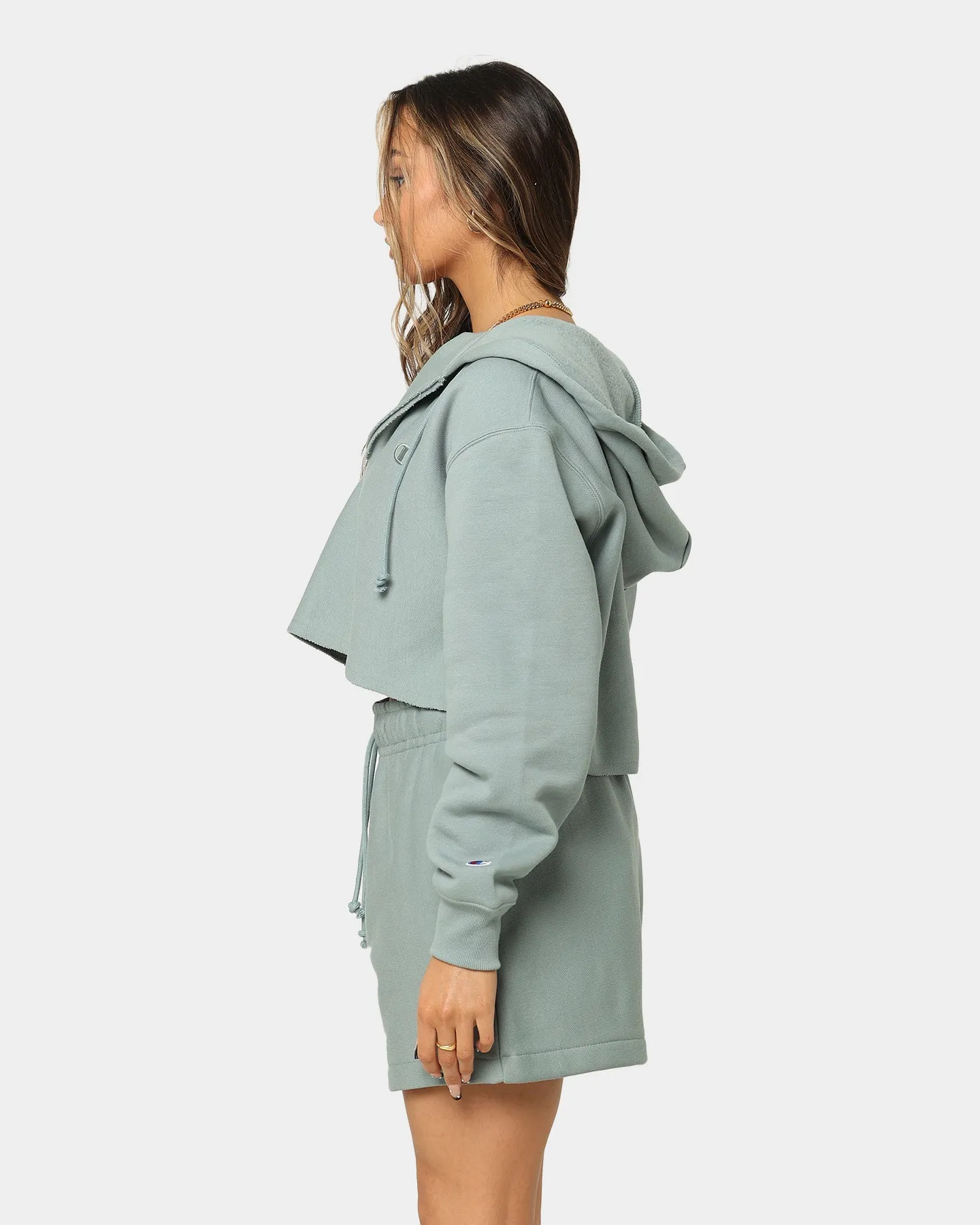 Champion Women's Reverse Weave Split Crop Hoodie Sage Shimmer Green