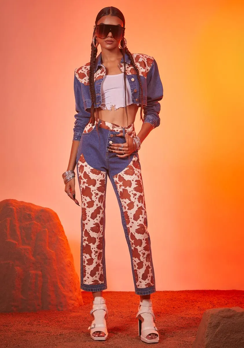 Classy In Cow Print Cropped Denim Jacket
