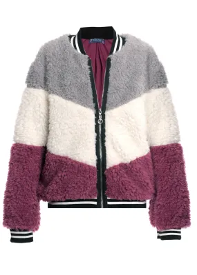 COLOR BLOCK FAUX FUR BOMBER JACKET (R34219)