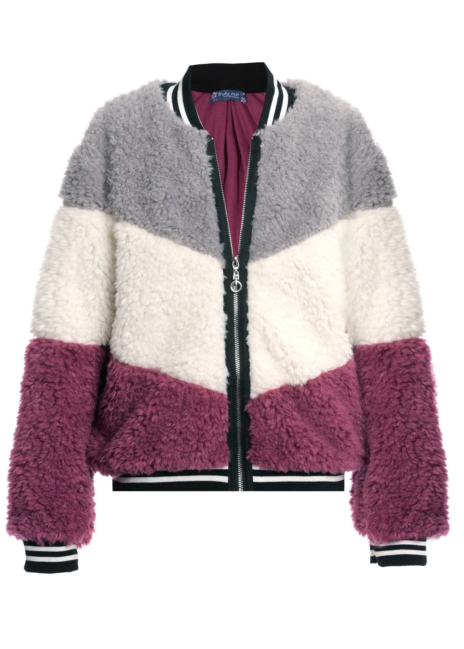 COLOR BLOCK FAUX FUR BOMBER JACKET (R34219)