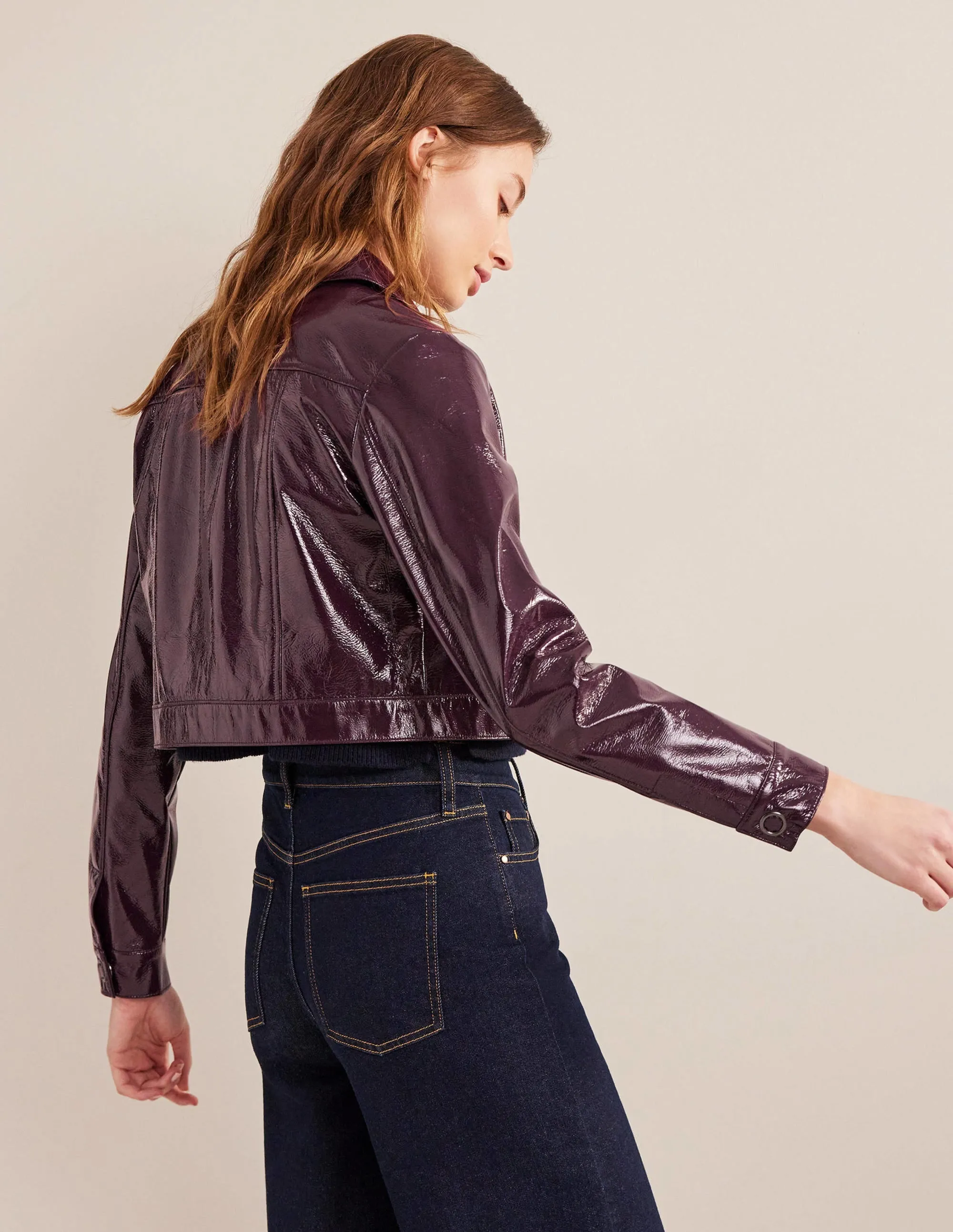 Cropped Collared Jacket-Maroon