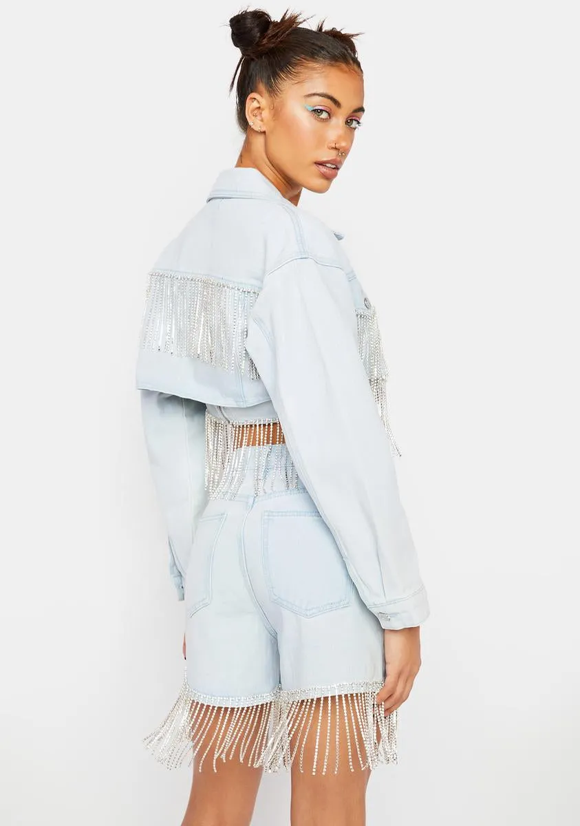 Cropped Denim Jacket With Diamante Fringe