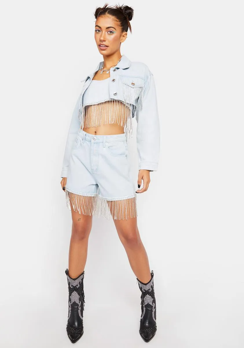 Cropped Denim Jacket With Diamante Fringe