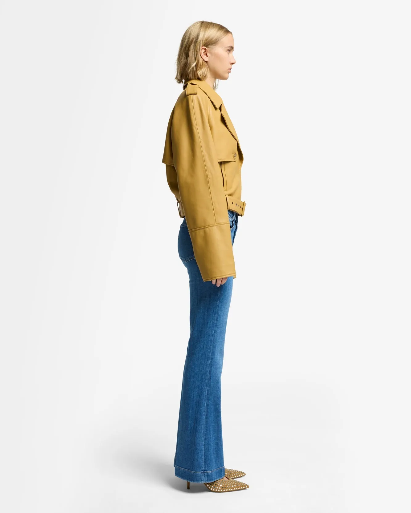 Cropped Leather Biker Jacket in Honey