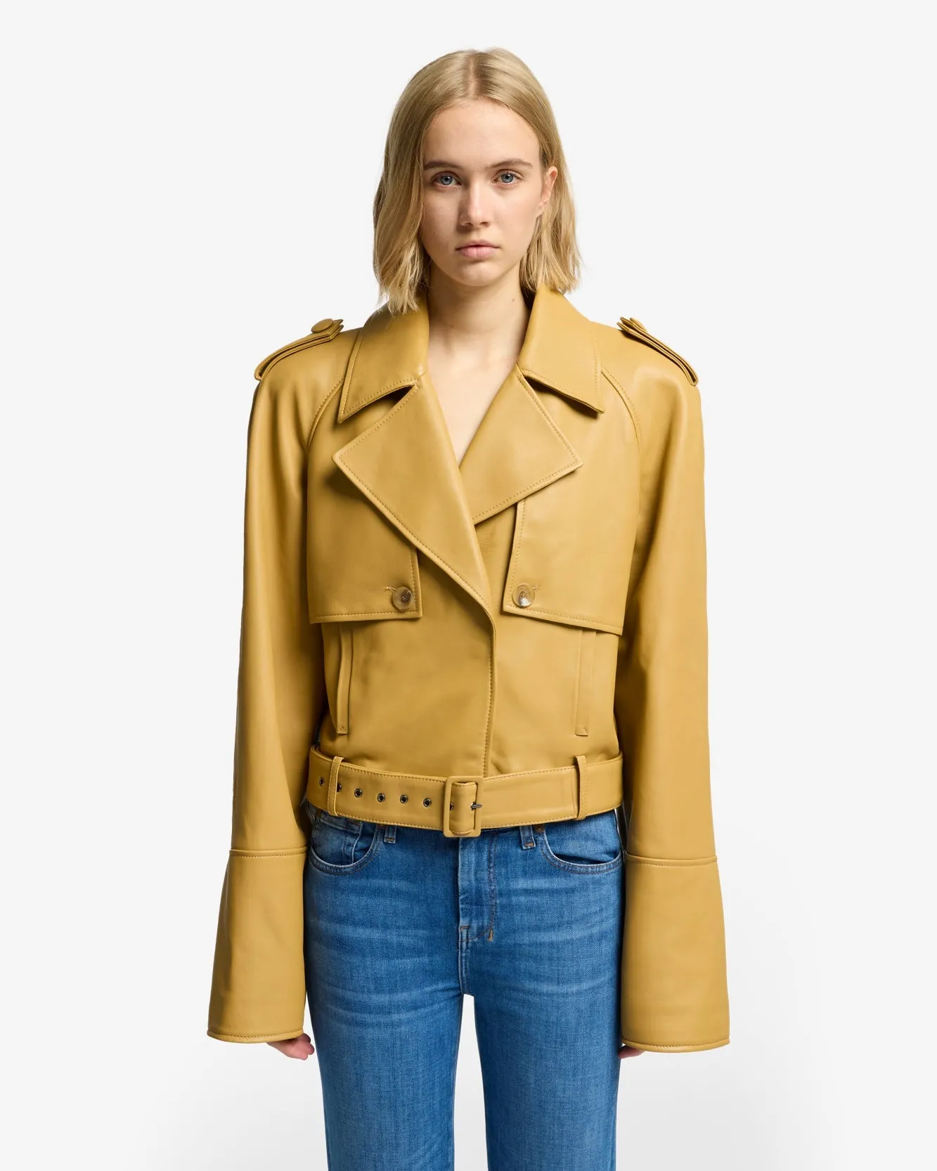Cropped Leather Biker Jacket in Honey