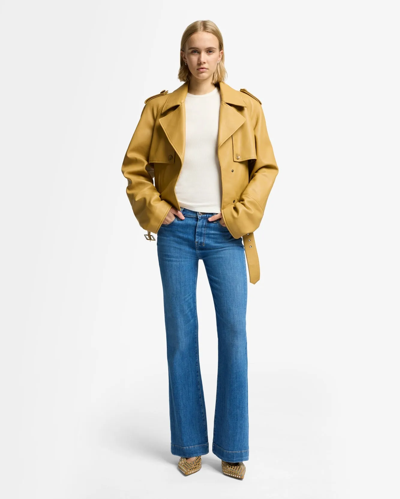 Cropped Leather Biker Jacket in Honey
