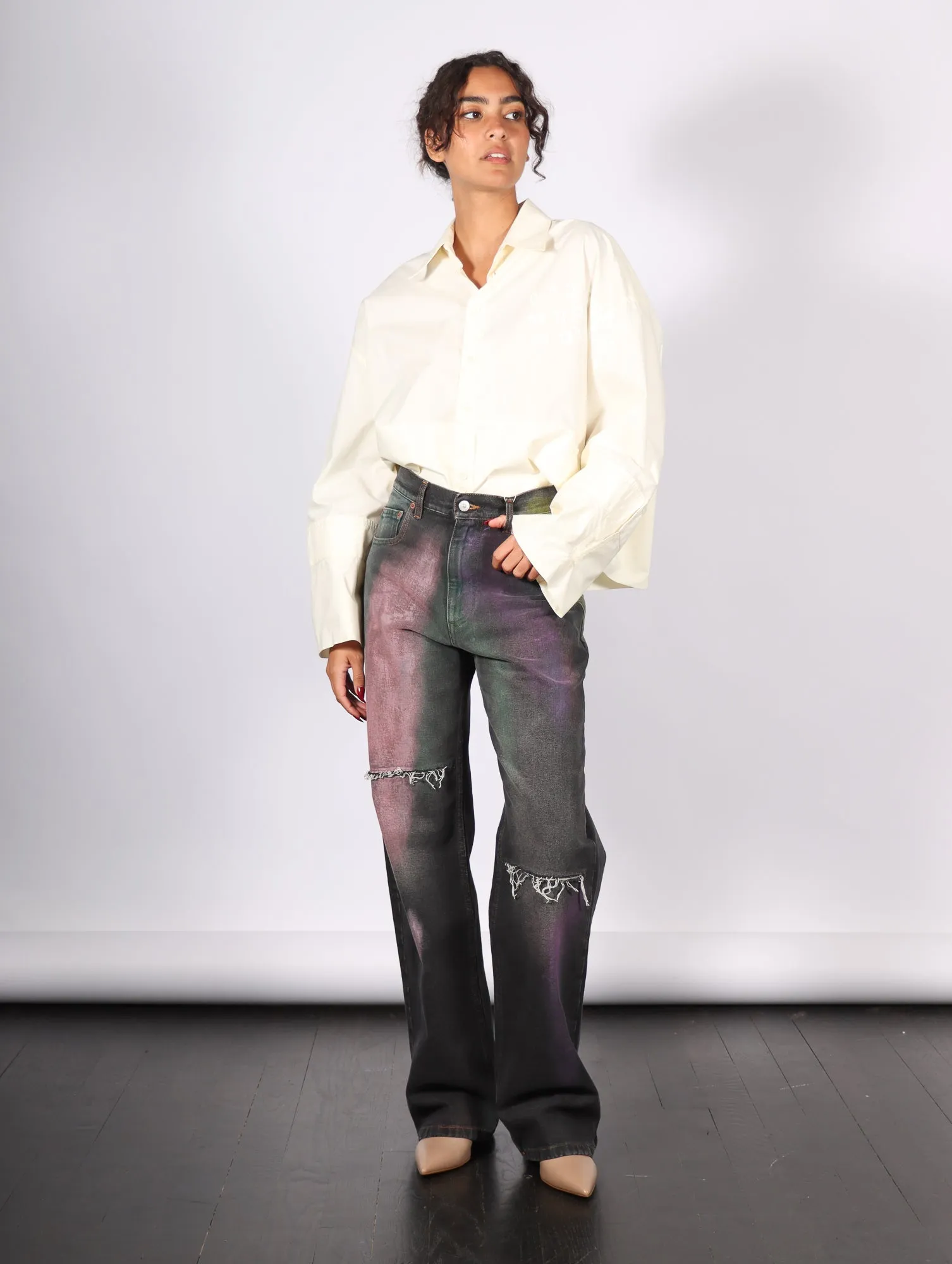 Cropped Long Sleeve Shirt in Ivory by MM6 Maison Margiela
