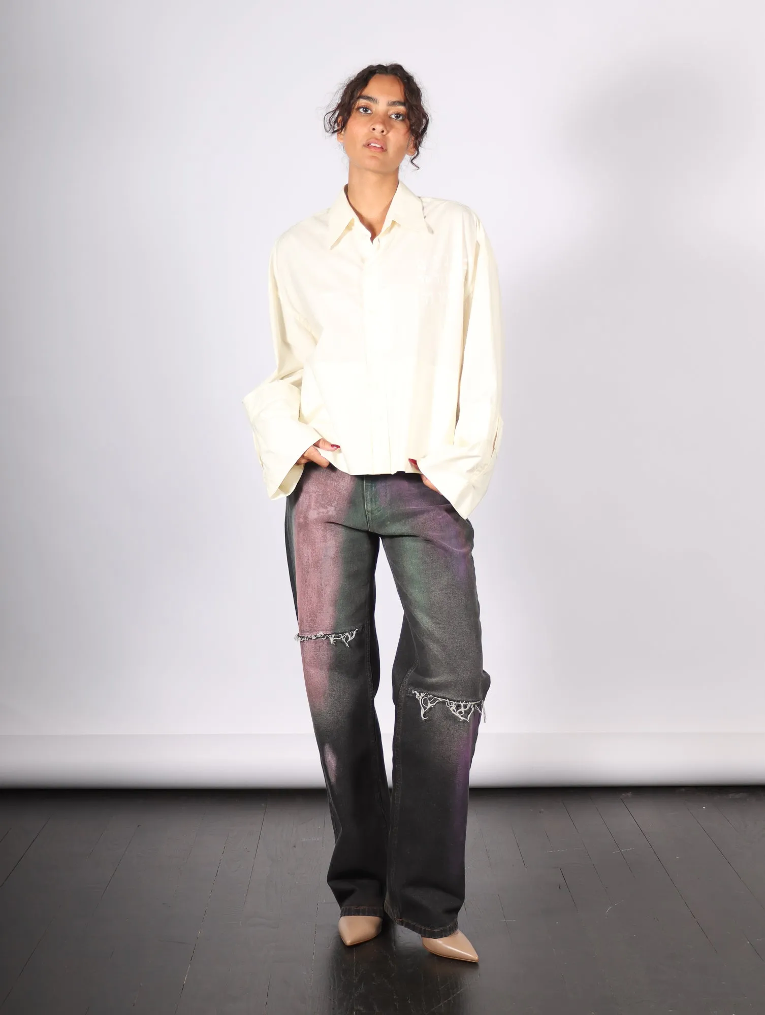 Cropped Long Sleeve Shirt in Ivory by MM6 Maison Margiela