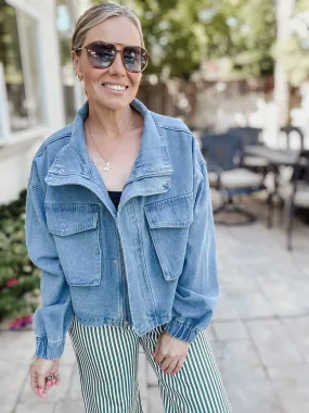 Davies Denim Cropped Bomber Jacket