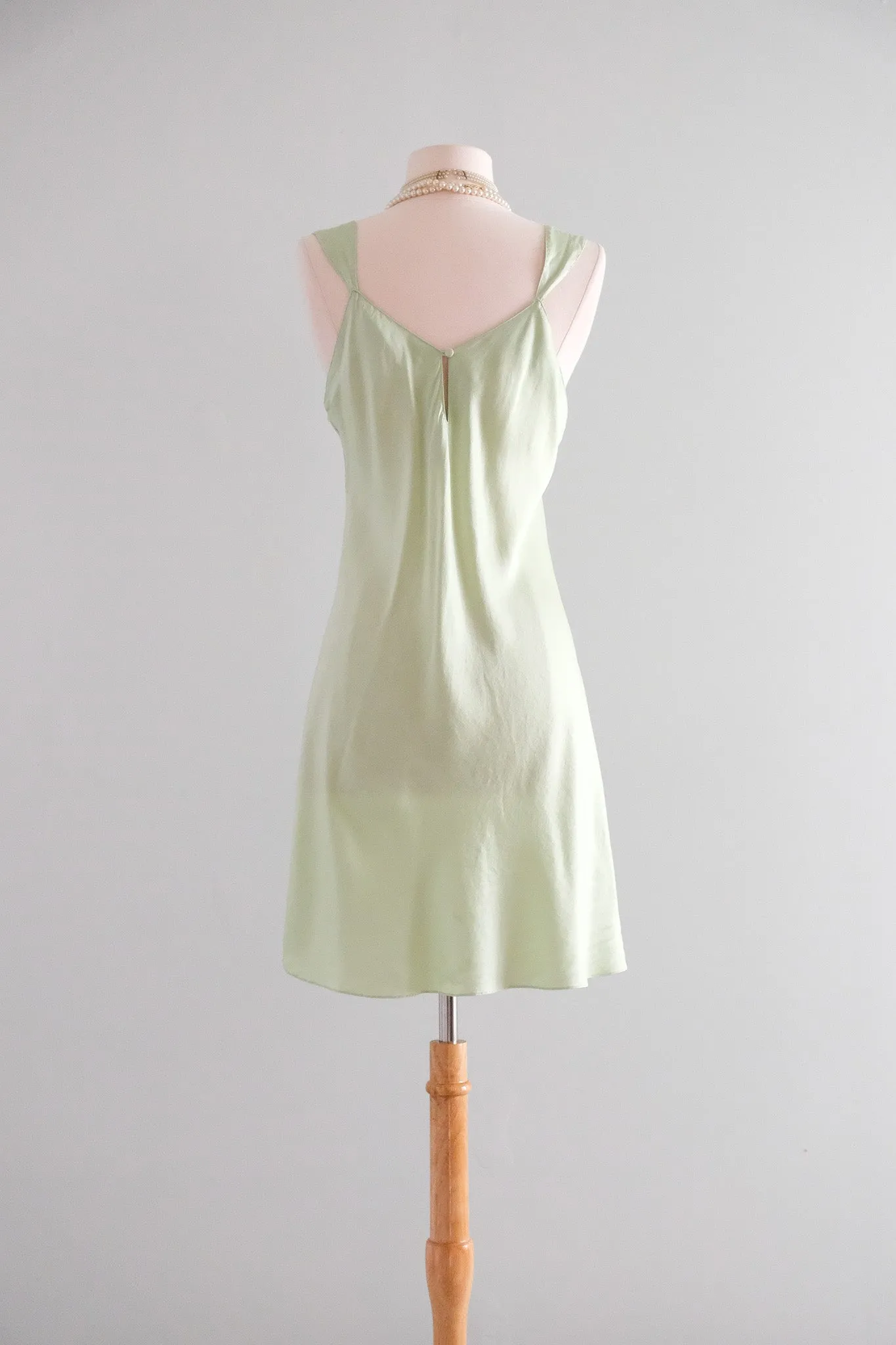 Delightful 1990's Pistachio Green Silk Bias Cut Slip Dress / Sz M