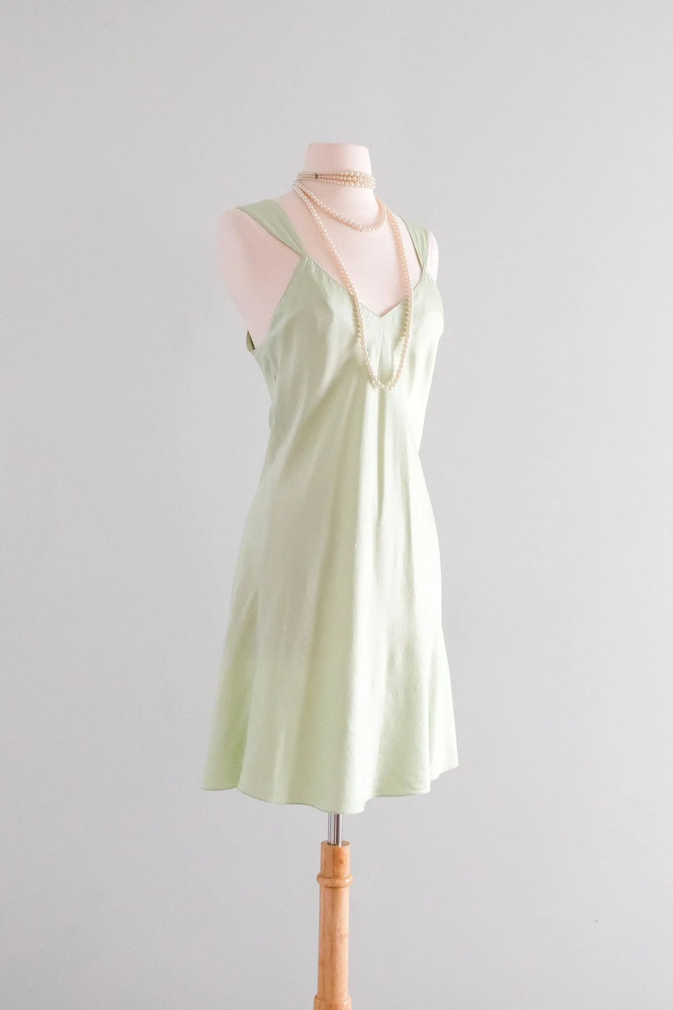 Delightful 1990's Pistachio Green Silk Bias Cut Slip Dress / Sz M