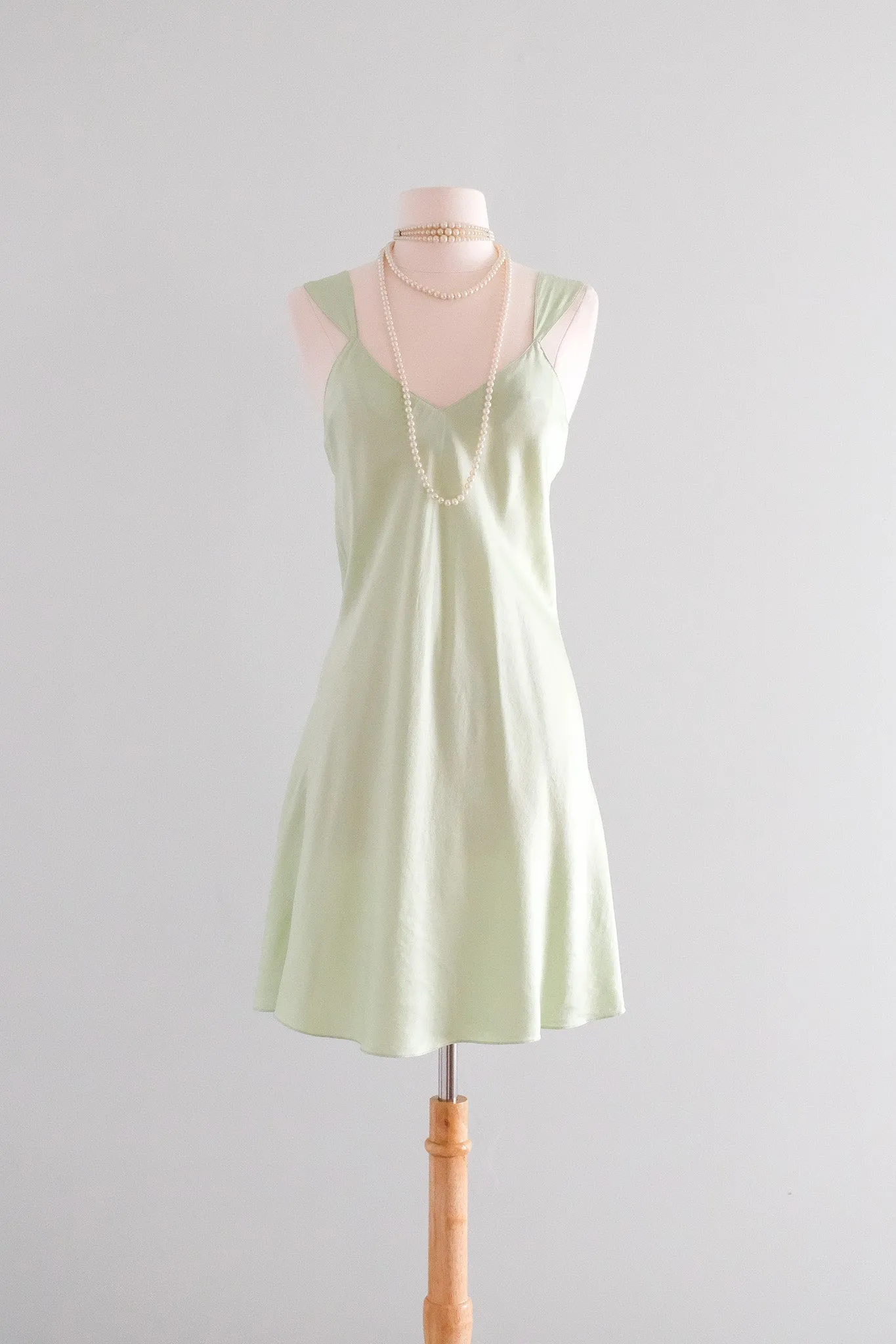 Delightful 1990's Pistachio Green Silk Bias Cut Slip Dress / Sz M