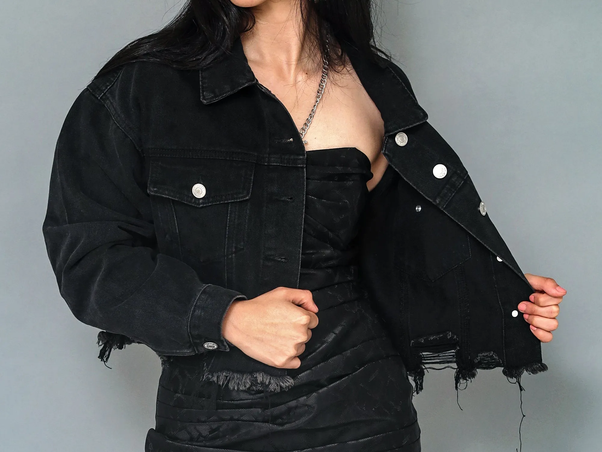 Edgy Black Distressed Cropped Denim Jacket