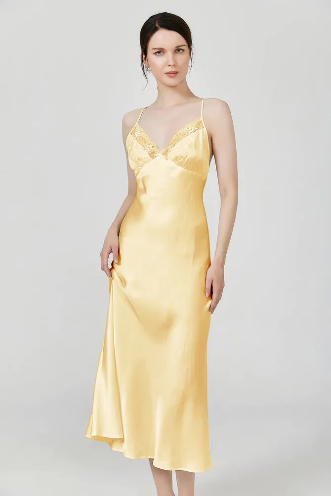 Elegant Lace Long Silk Nightgown Midi Slip Dress Plain Color