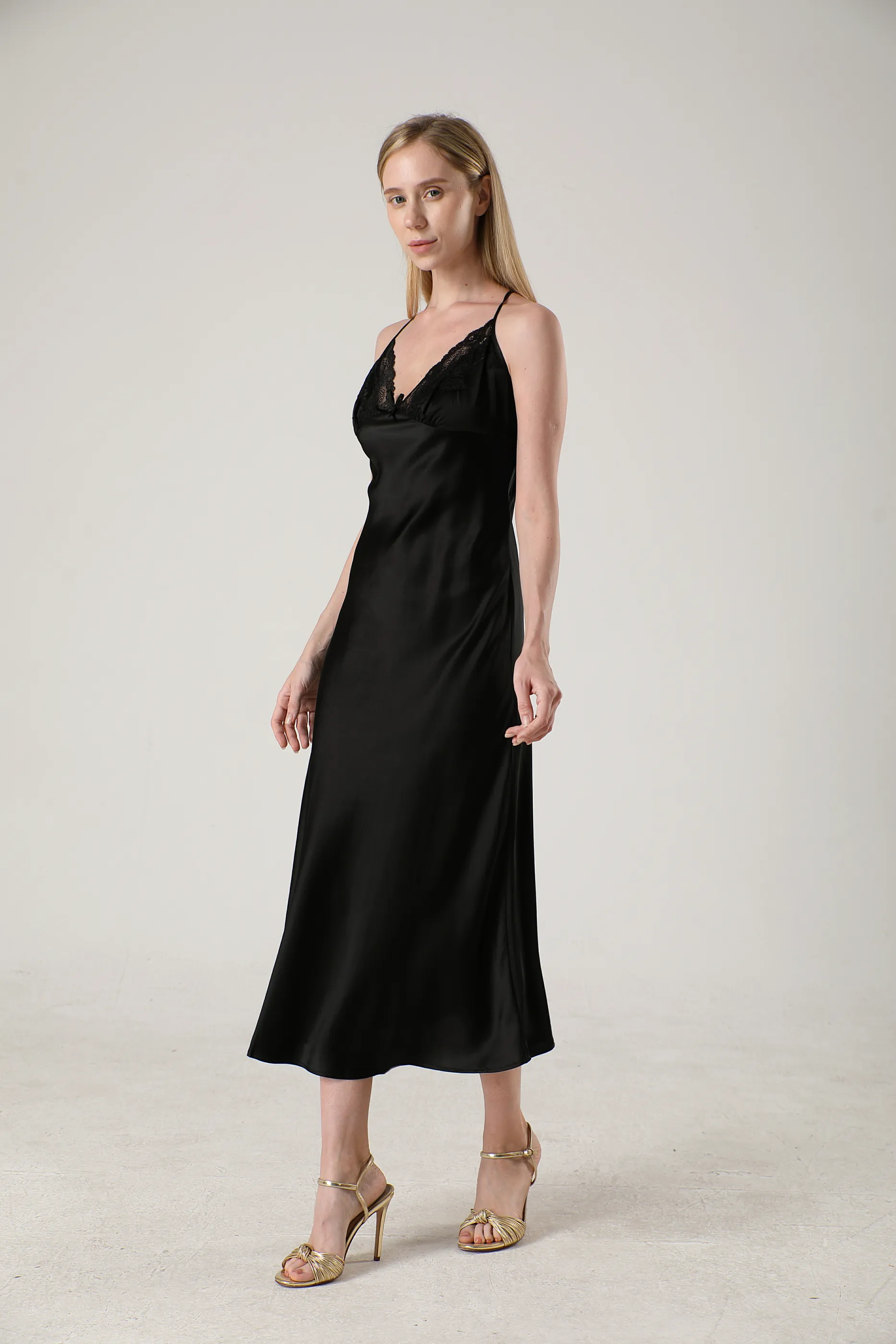 Elegant Lace Long Silk Nightgown Midi Slip Dress Plain Color
