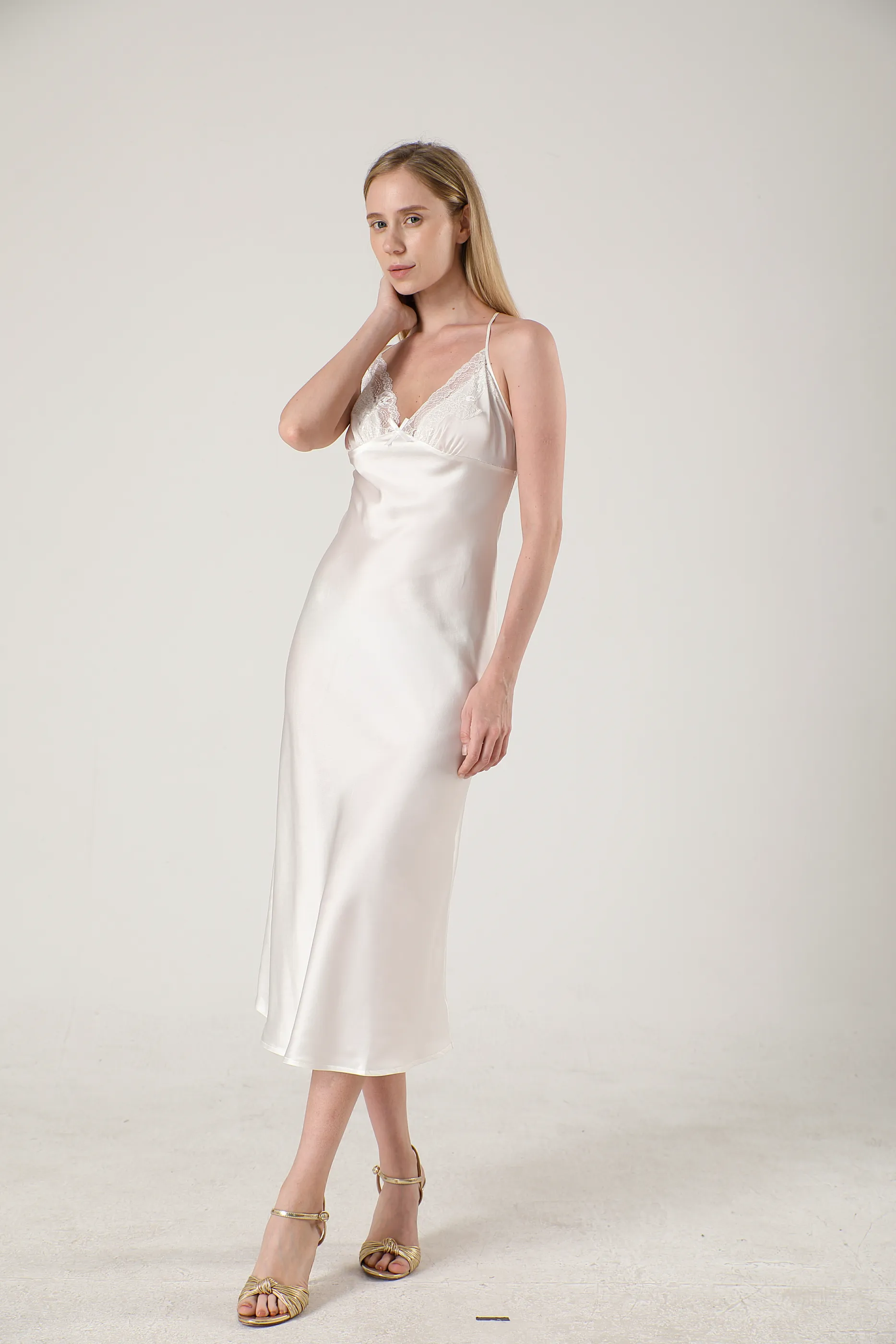 Elegant Lace Long Silk Nightgown Midi Slip Dress Plain Color