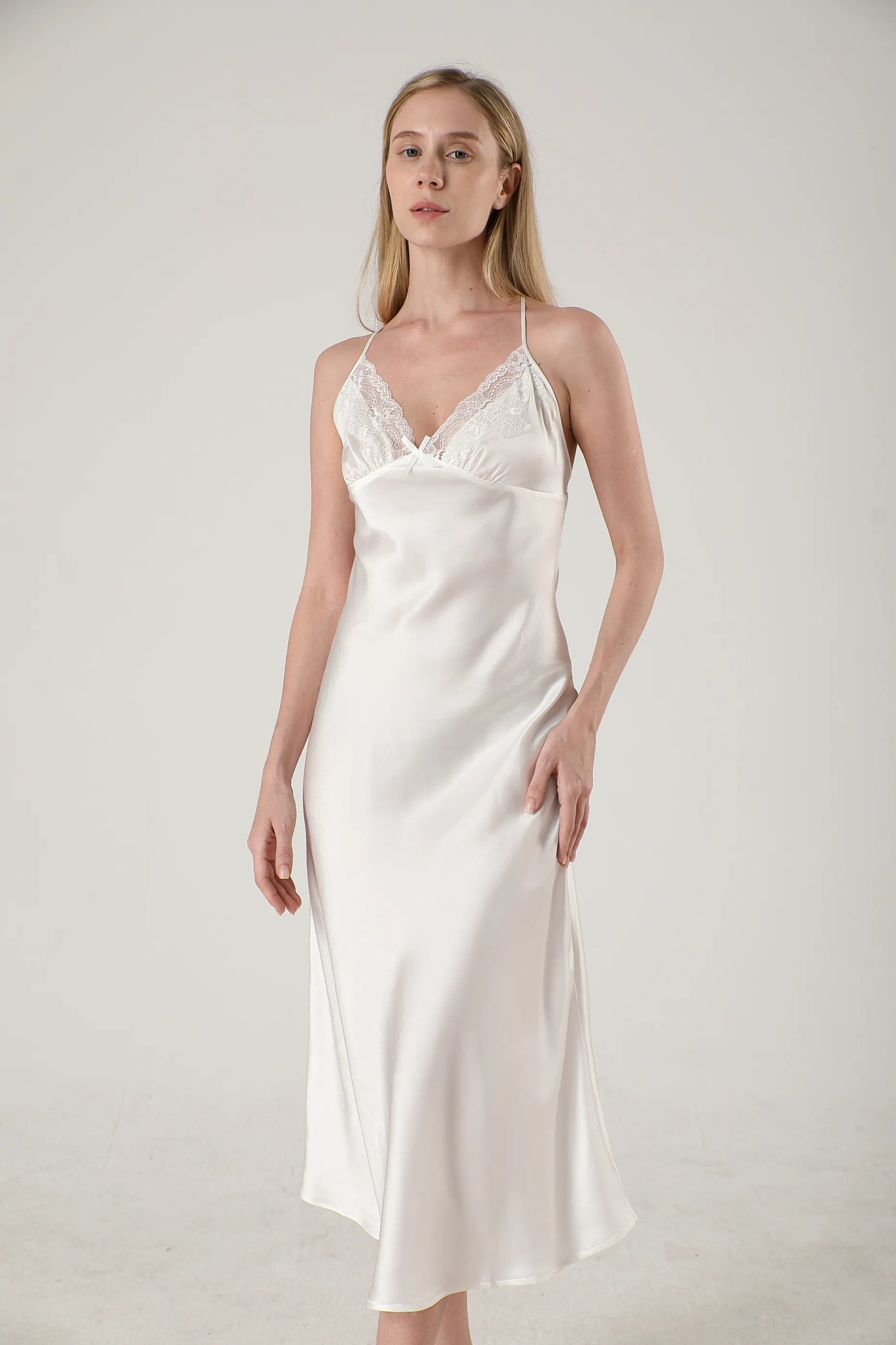 Elegant Lace Long Silk Nightgown Midi Slip Dress Plain Color