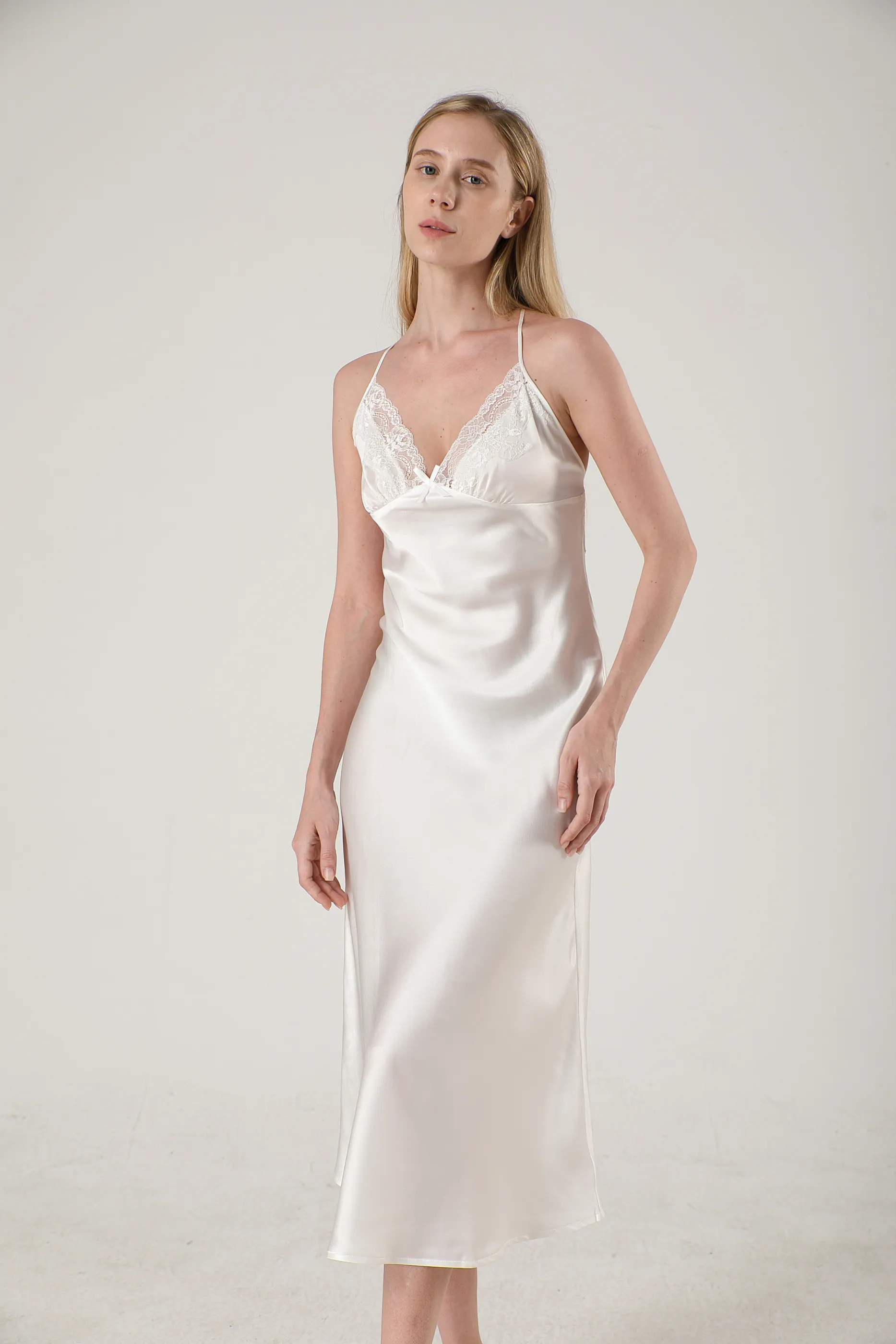 Elegant Lace Long Silk Nightgown Midi Slip Dress Plain Color