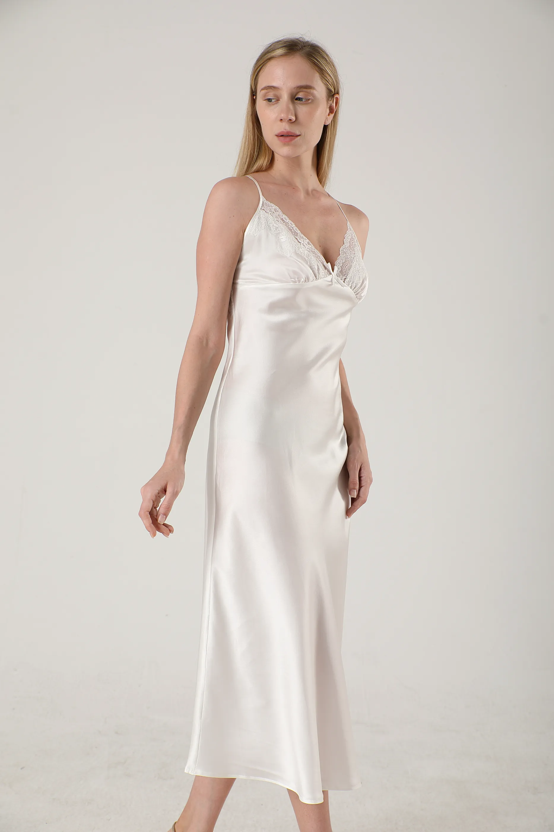 Elegant Lace Long Silk Nightgown Midi Slip Dress Plain Color